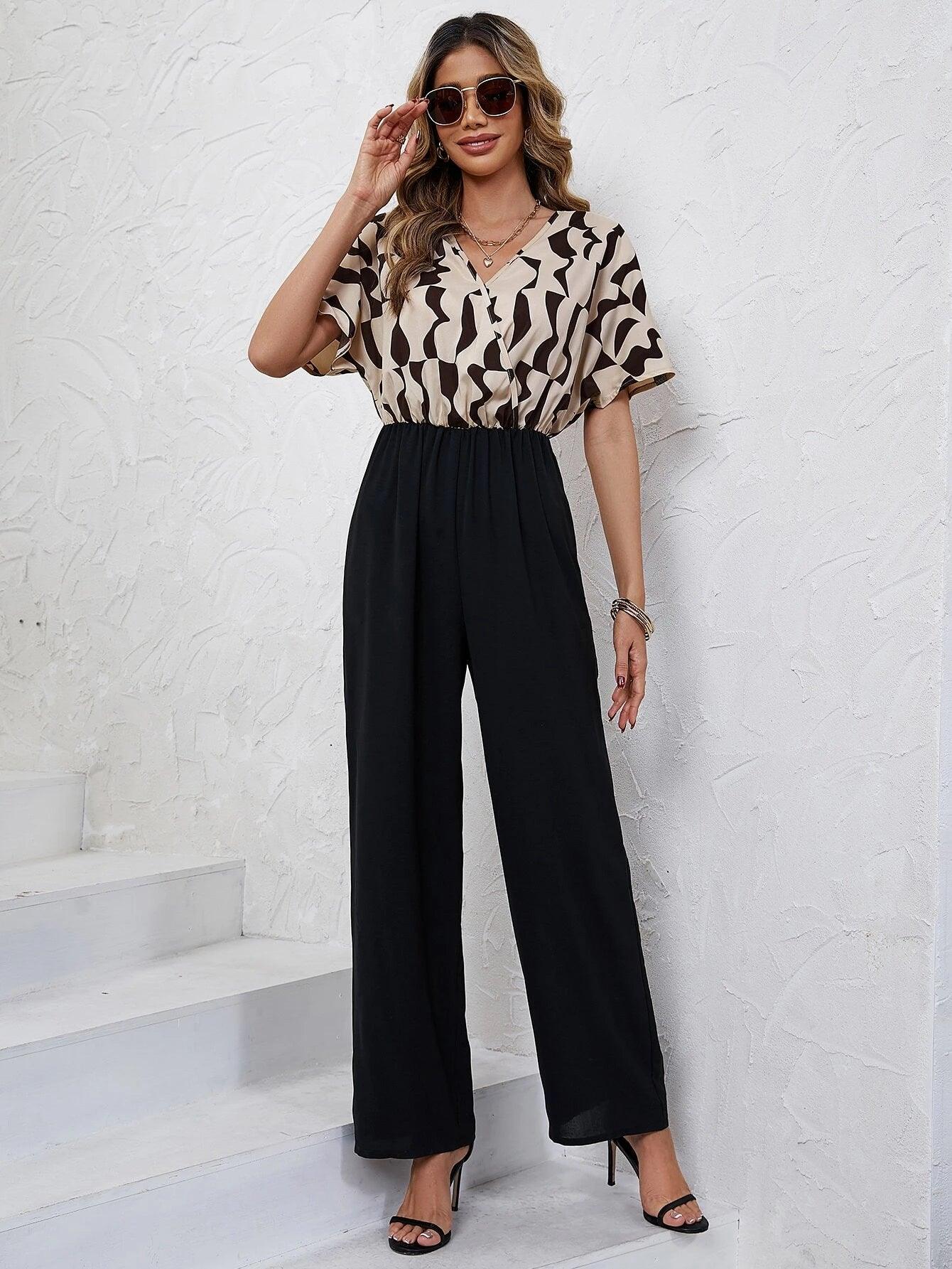 Graphic Print Batwing Sleeve Wide Leg Jumpsuit-Comfy Jumpsuits
