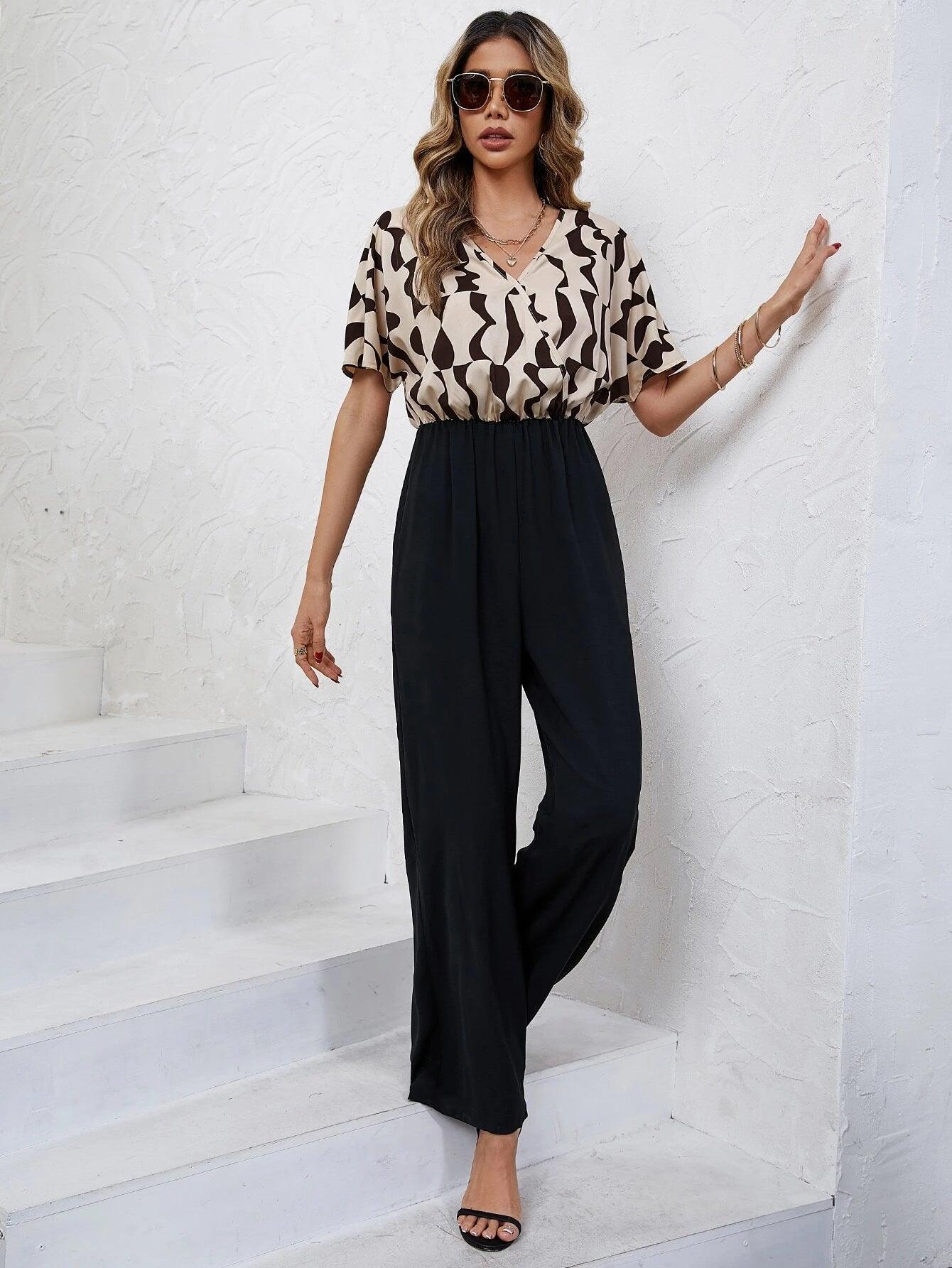 Graphic Print Batwing Sleeve Wide Leg Jumpsuit-Comfy Jumpsuits