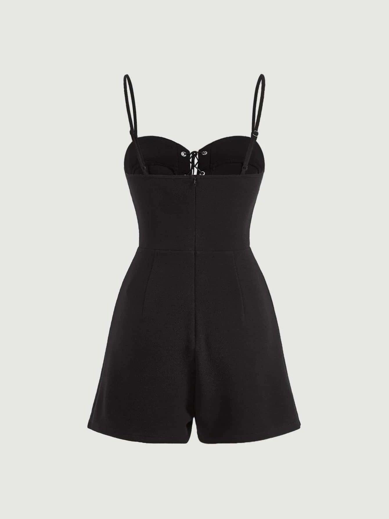 Lace Up Front Fold Pleated Detail Cami Romper-Comfy Jumpsuits