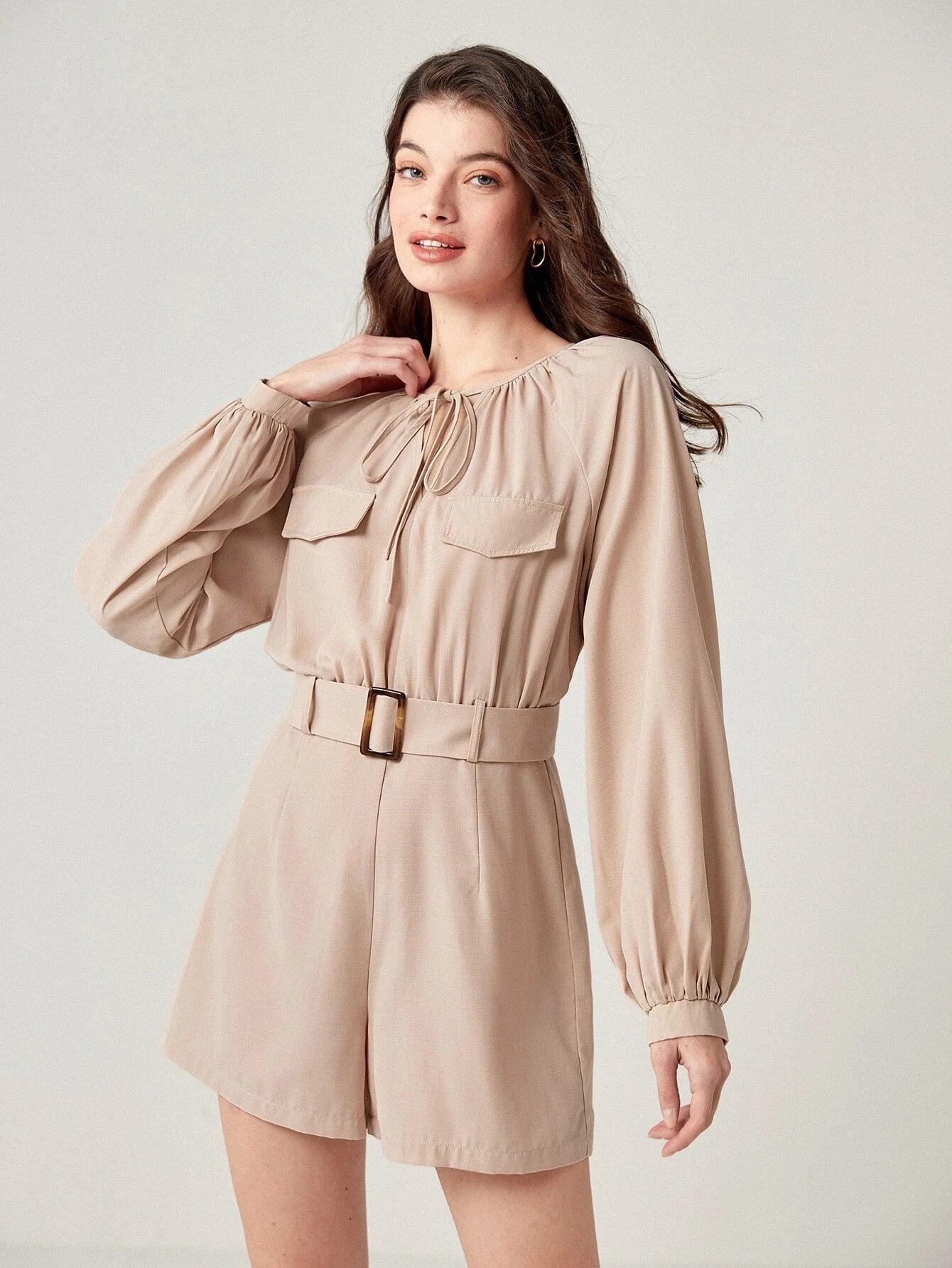 Tie Neck Flap Belted Romper-Comfy Jumpsuits
