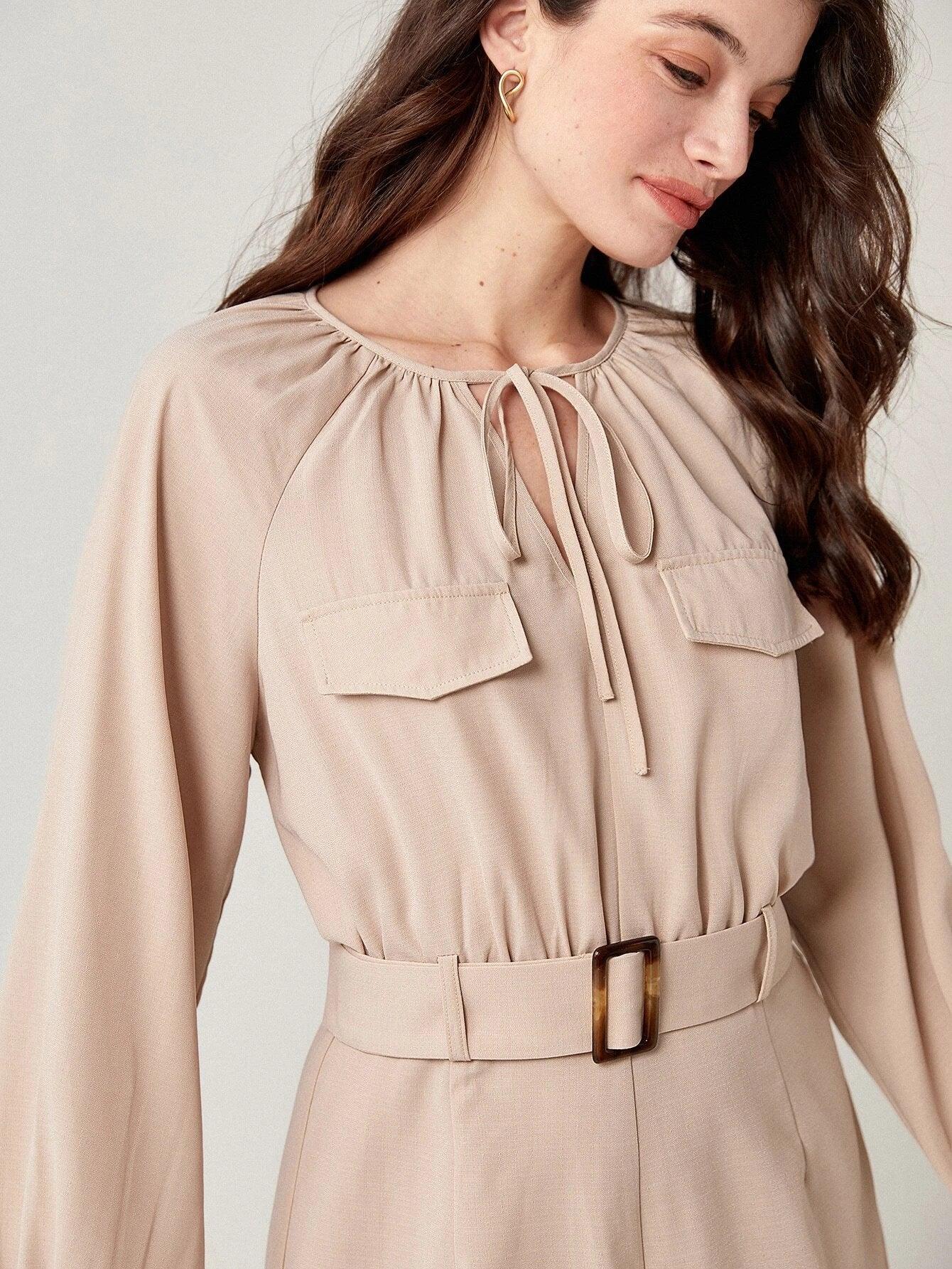 Tie Neck Flap Belted Romper-Comfy Jumpsuits