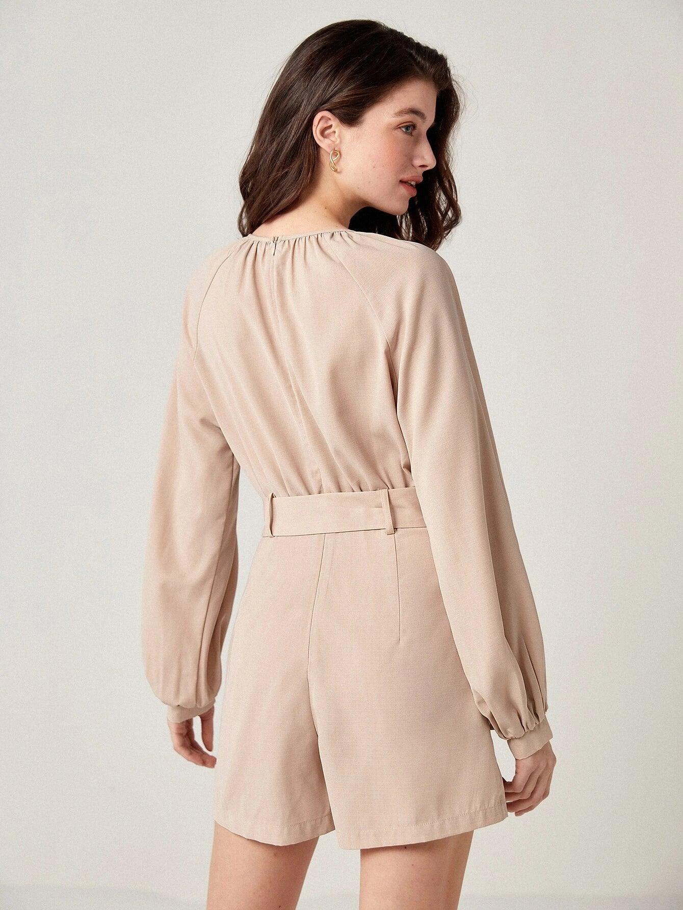 Tie Neck Flap Belted Romper-Comfy Jumpsuits