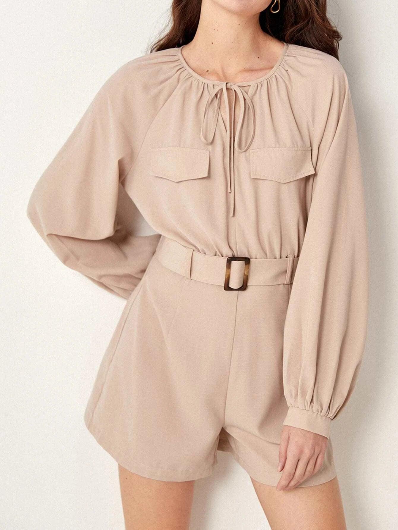Tie Neck Flap Belted Romper-Comfy Jumpsuits