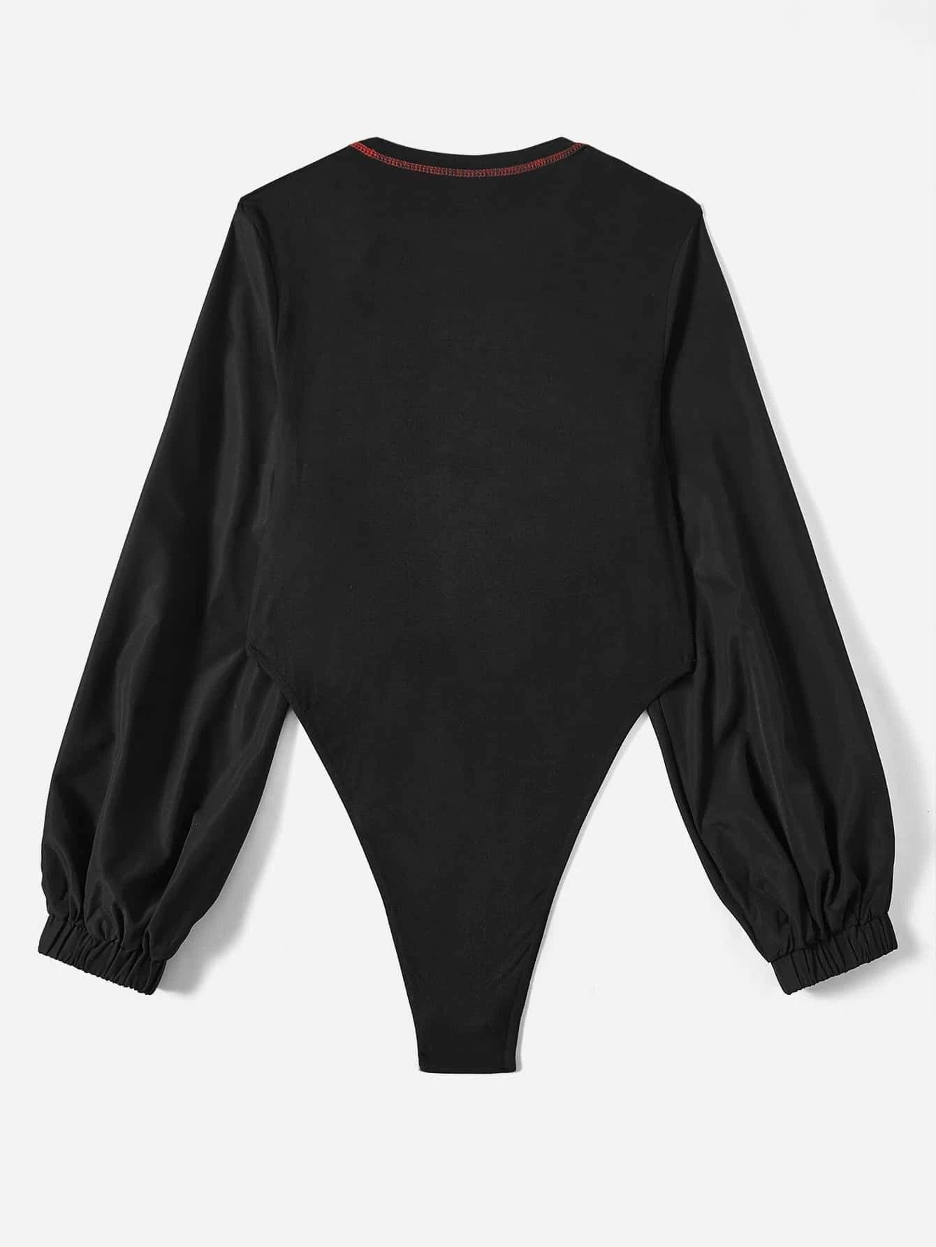 Casual Printed Bishop Sleeve Bodysuit-Comfy Jumpsuits