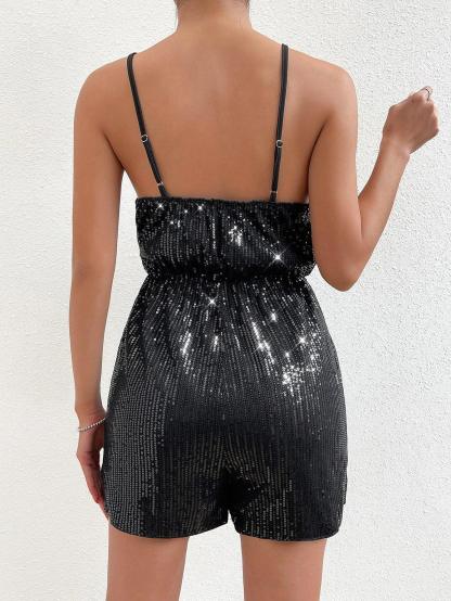 Sleeveless Sequin Cami Romper-Comfy Jumpsuits
