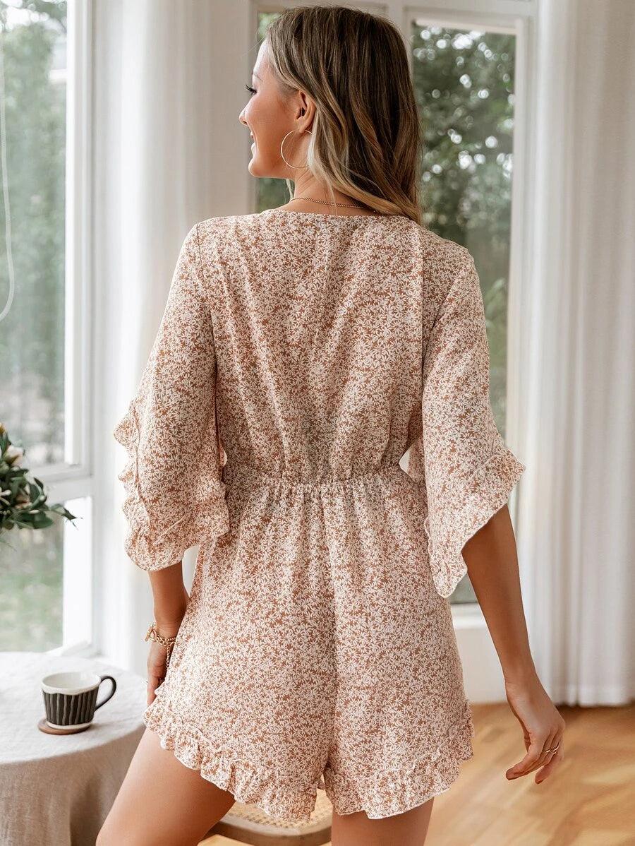 Floral Print Knot Front Ruffle Trim Romper-Comfy Jumpsuits