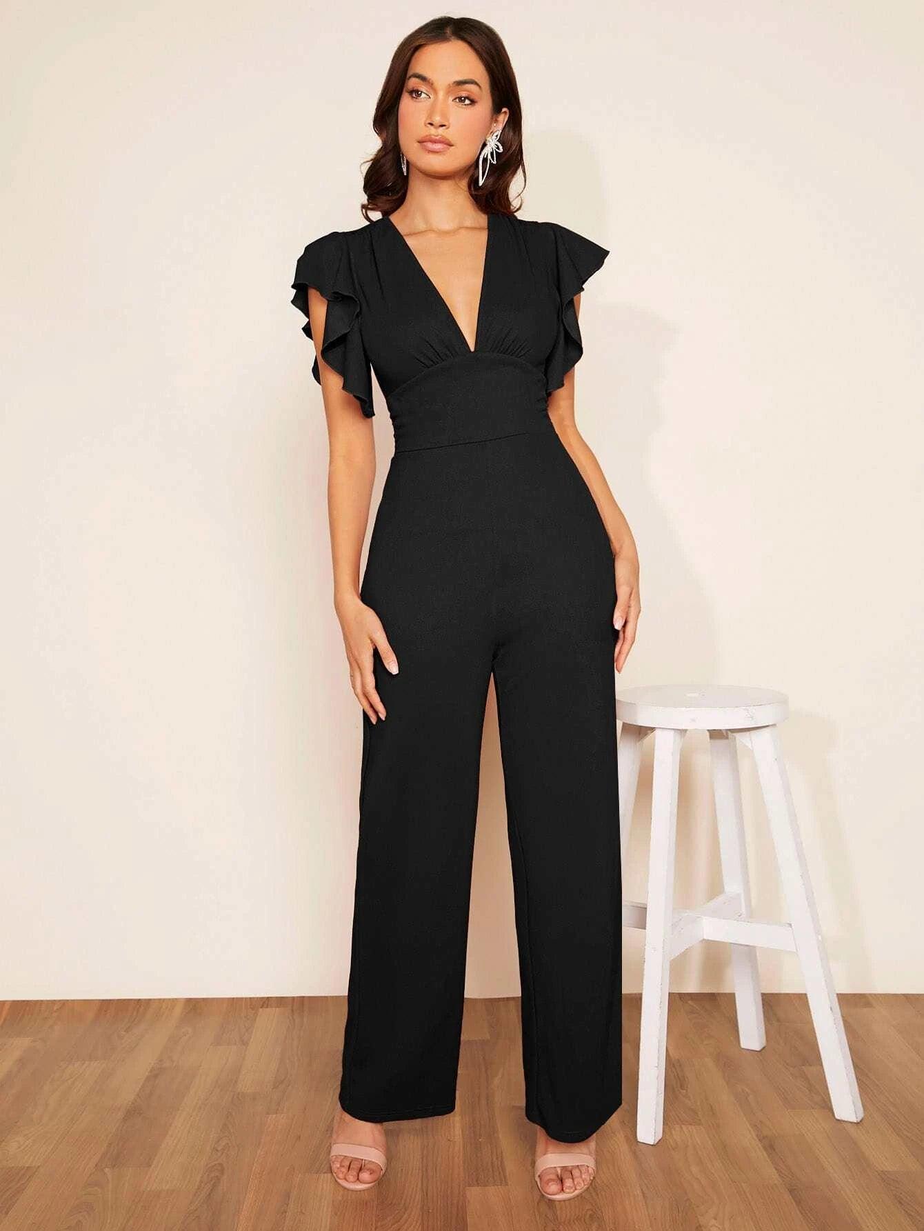 Plunging Neck Butterfly Sleeve Jumpsuit-Comfy Jumpsuits