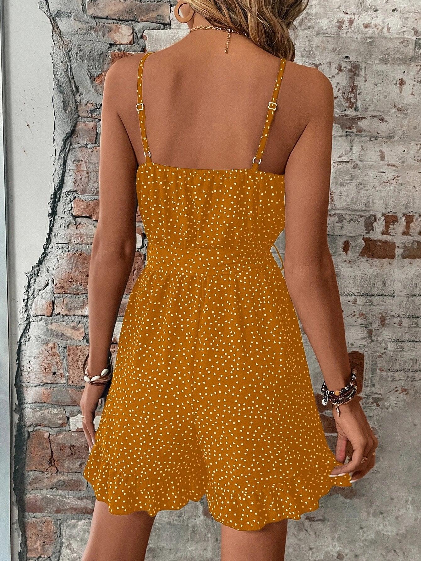 Dot Ruffle Hem Belted Cami Romper-Comfy Jumpsuits