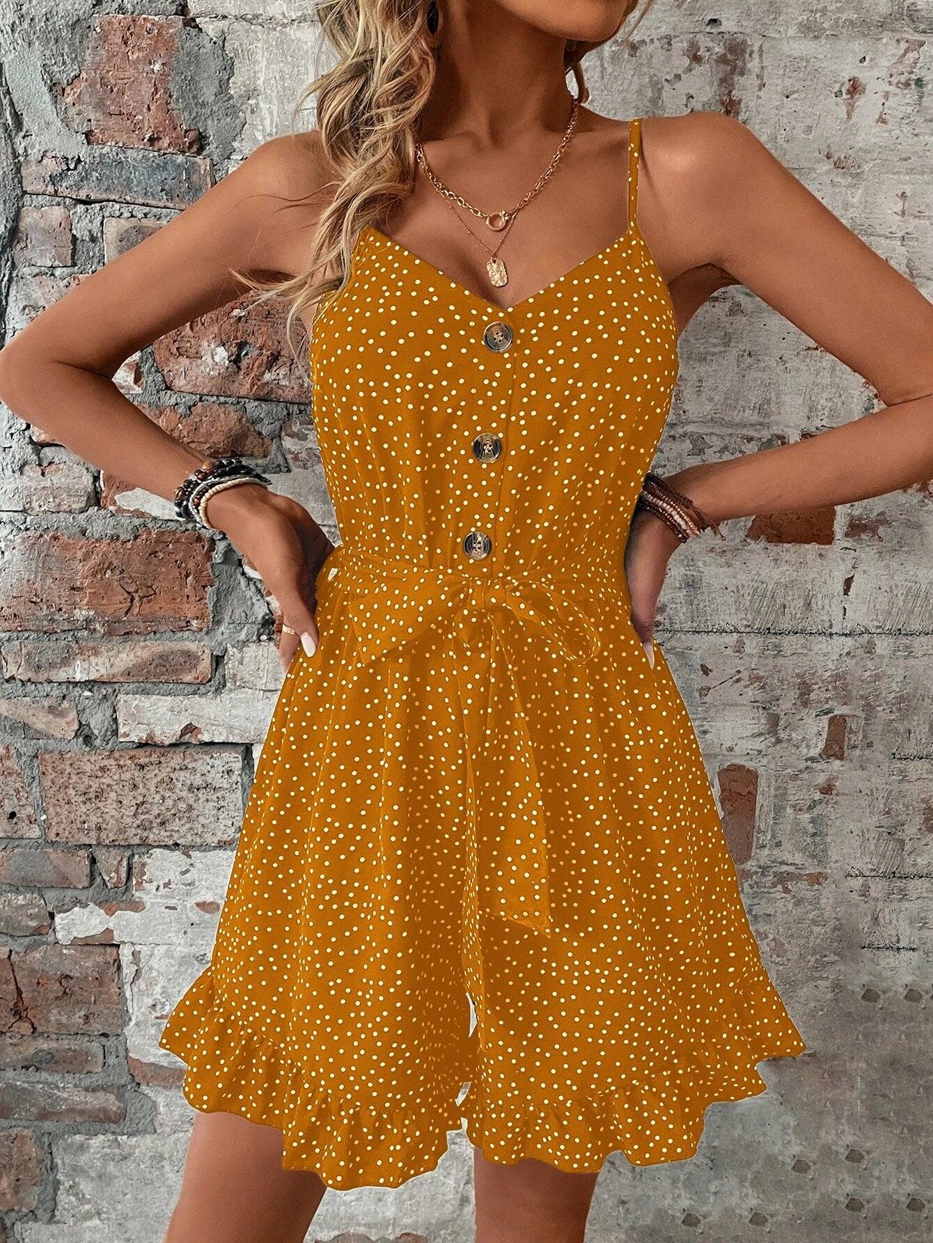 Dot Ruffle Hem Belted Cami Romper-Comfy Jumpsuits