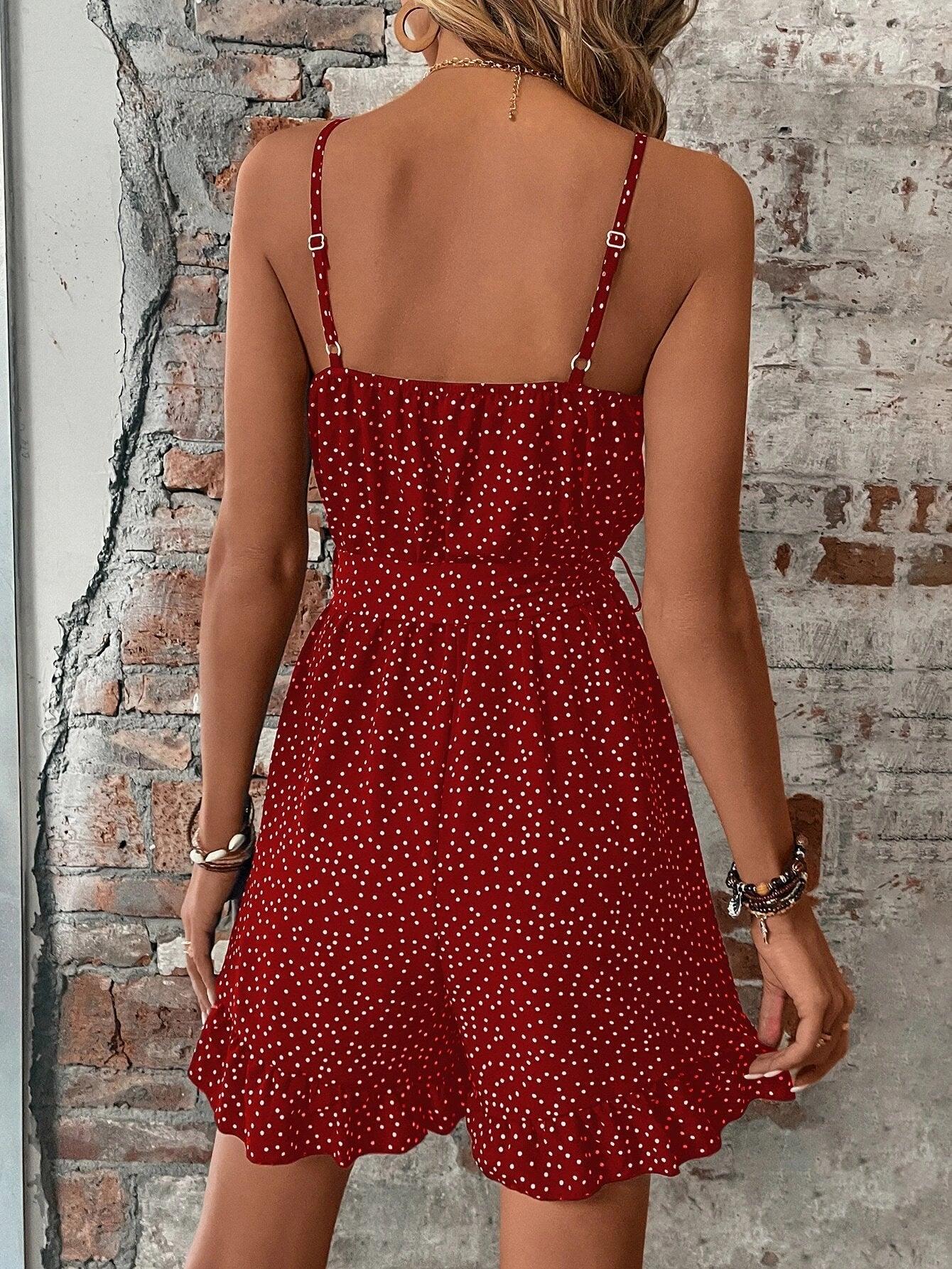 Dot Ruffle Hem Belted Cami Romper-Comfy Jumpsuits