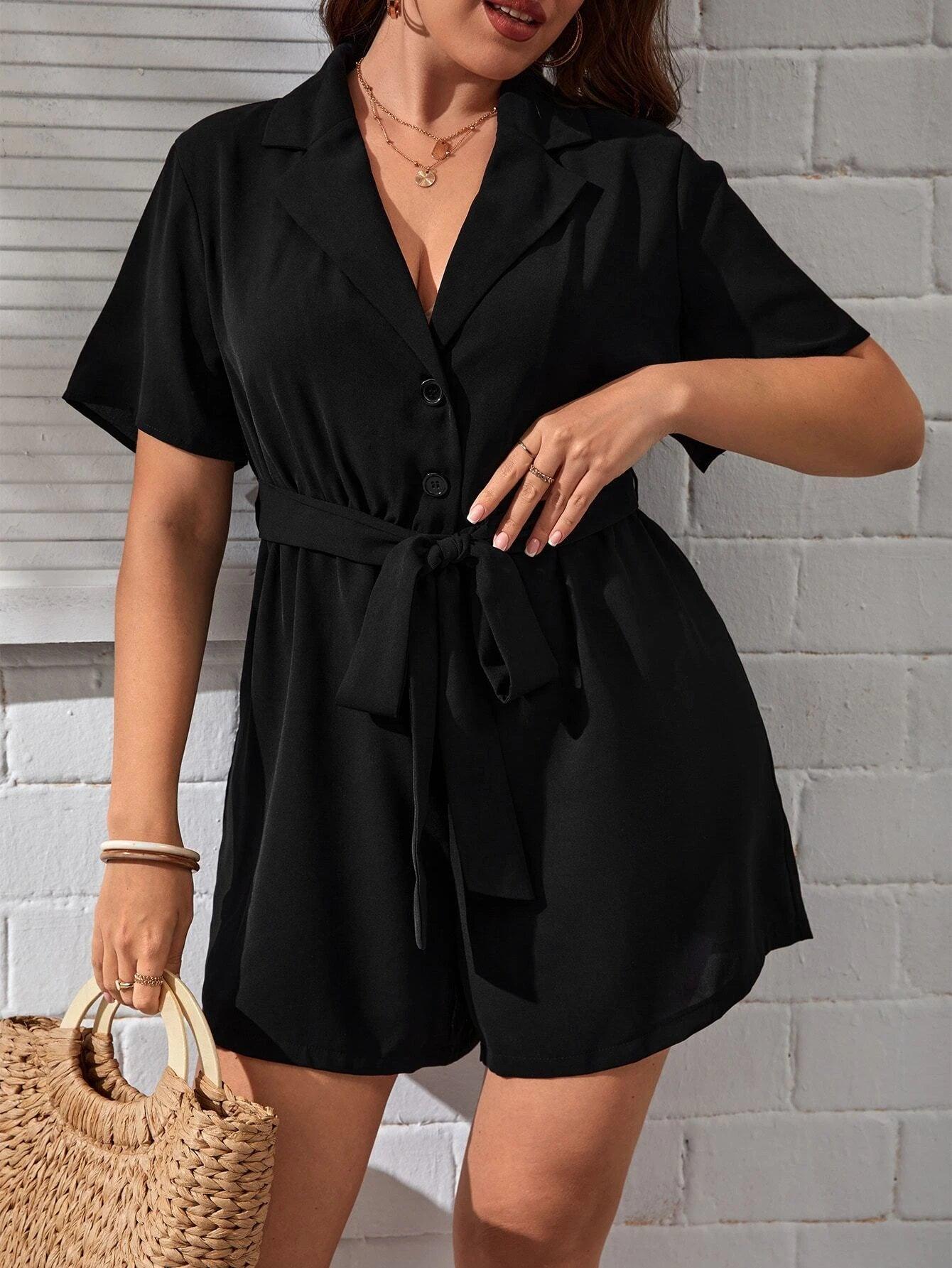 Lapel Neck Belted Shirt Romper-Comfy Jumpsuits