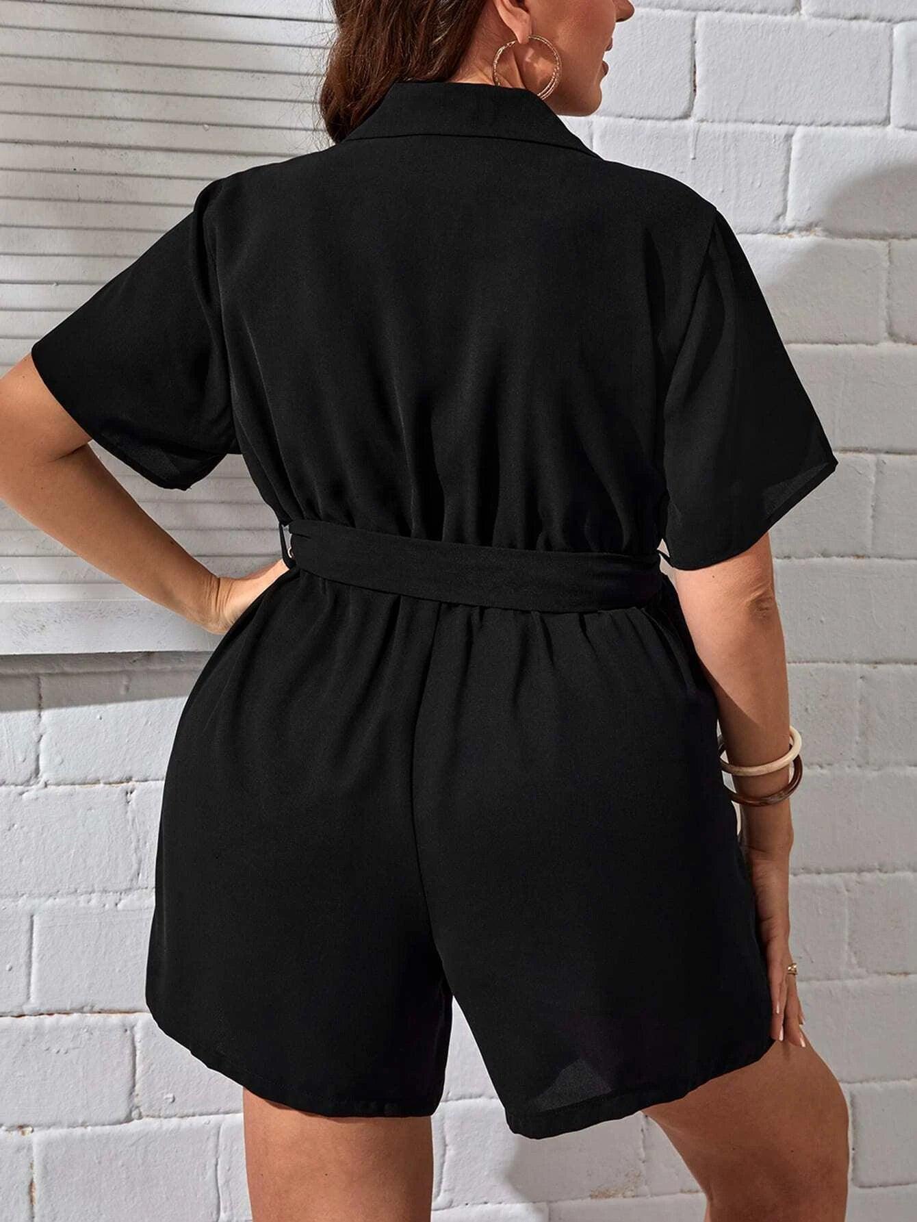 Lapel Neck Belted Shirt Romper-Comfy Jumpsuits