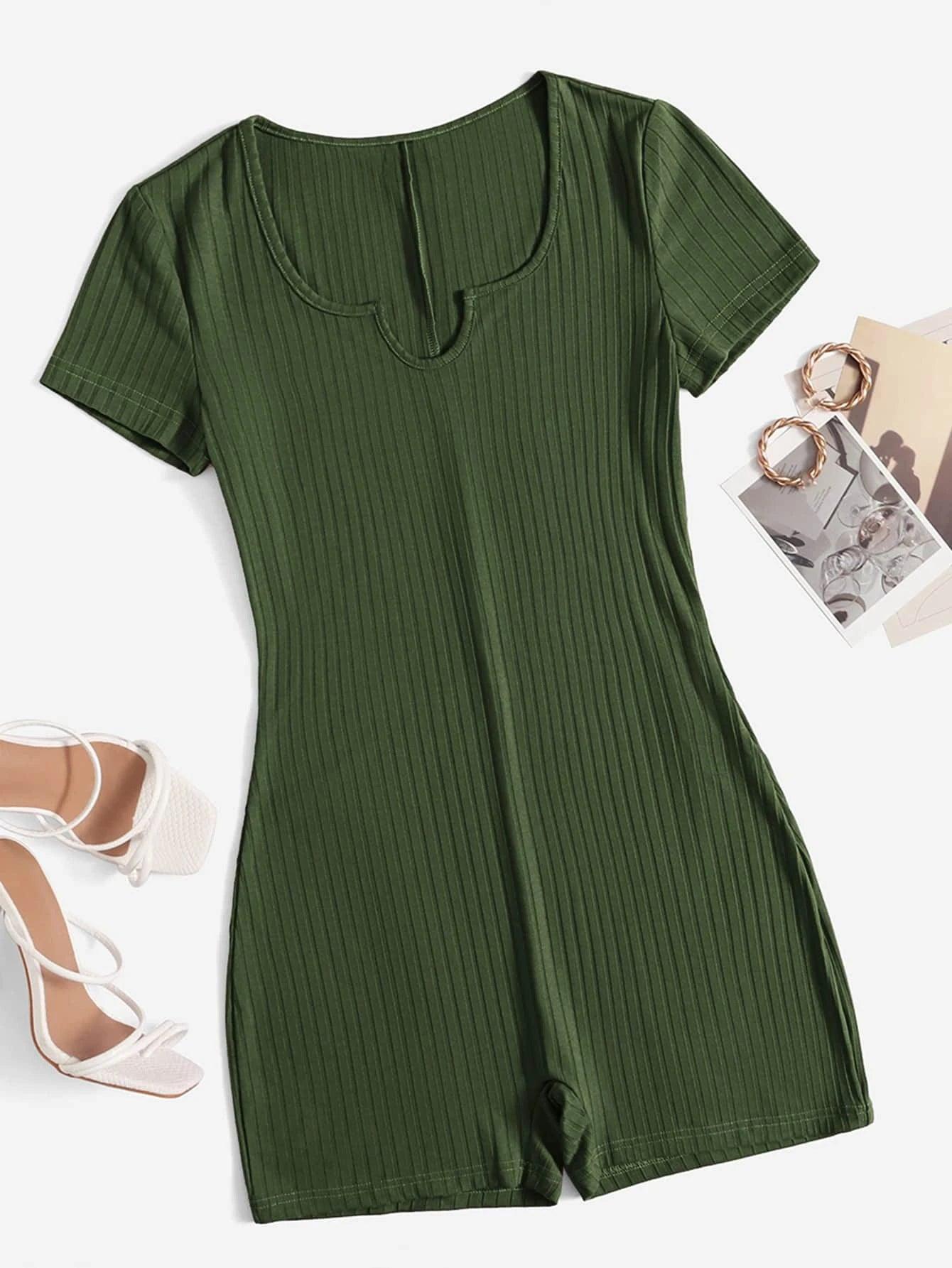 Short Sleeve Neck Rib Knit Romper-Comfy Jumpsuits