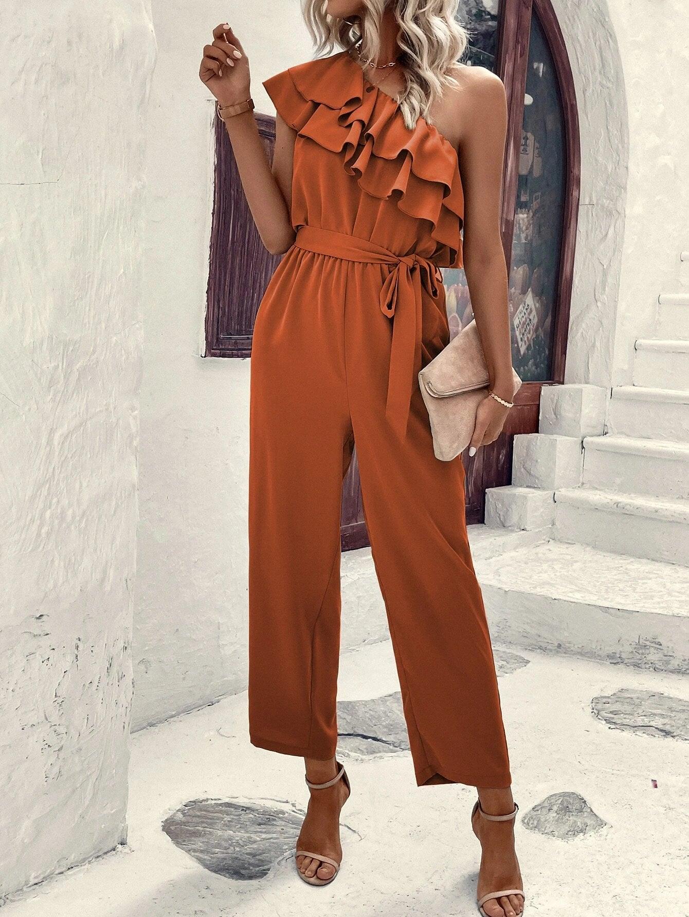 Shoulder Ruffle Trim Belted Jumpsuit-Comfy Jumpsuits