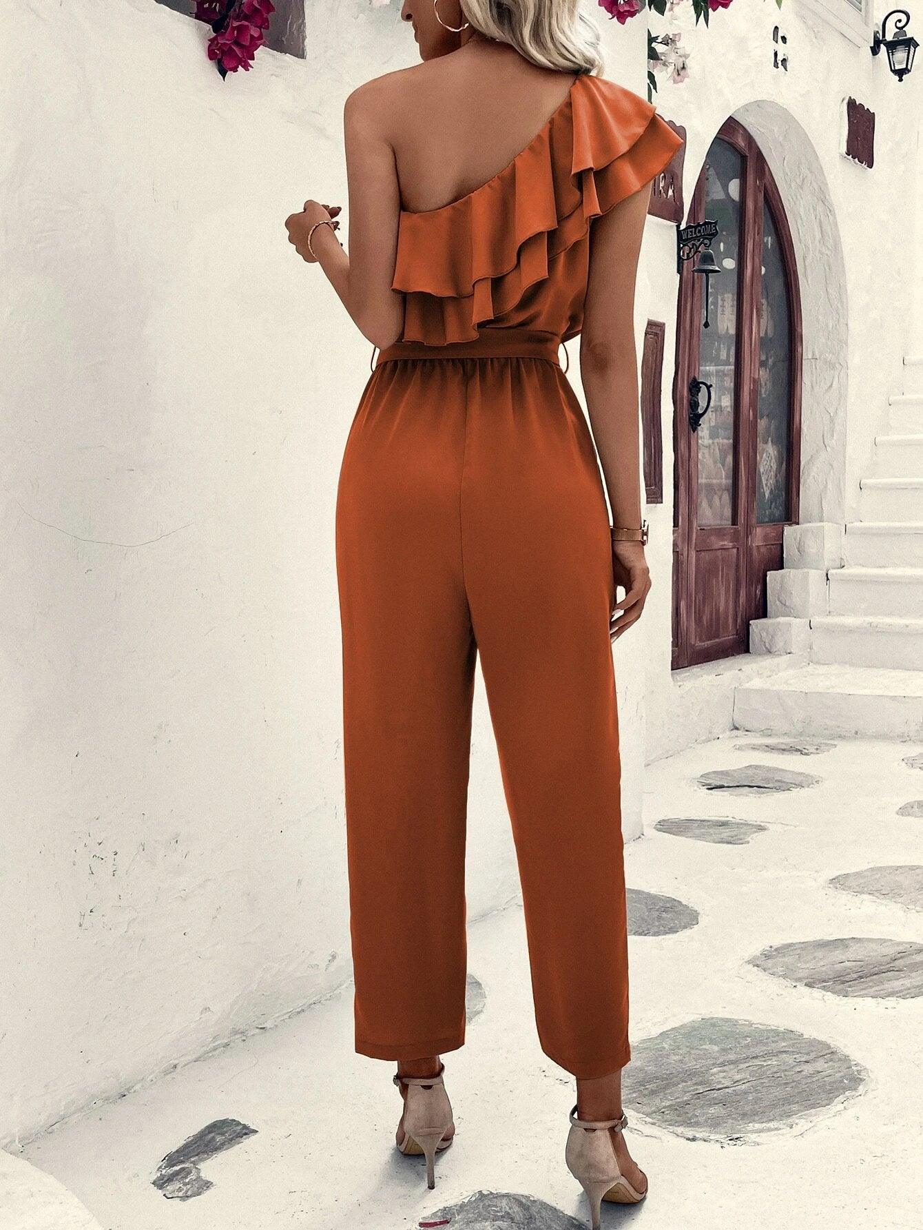 Shoulder Ruffle Trim Belted Jumpsuit-Comfy Jumpsuits