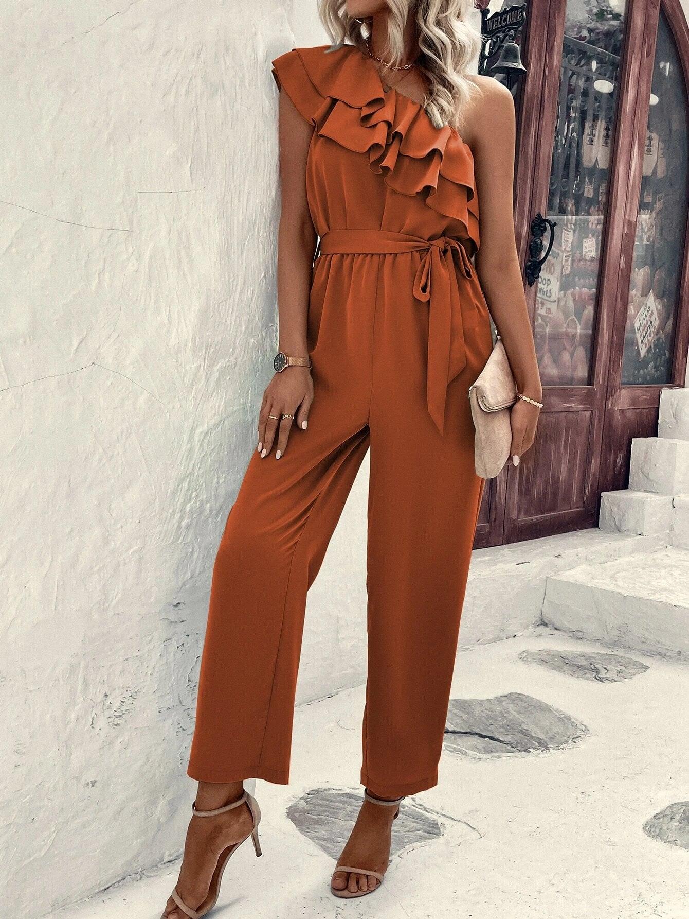 Shoulder Ruffle Trim Belted Jumpsuit-Comfy Jumpsuits