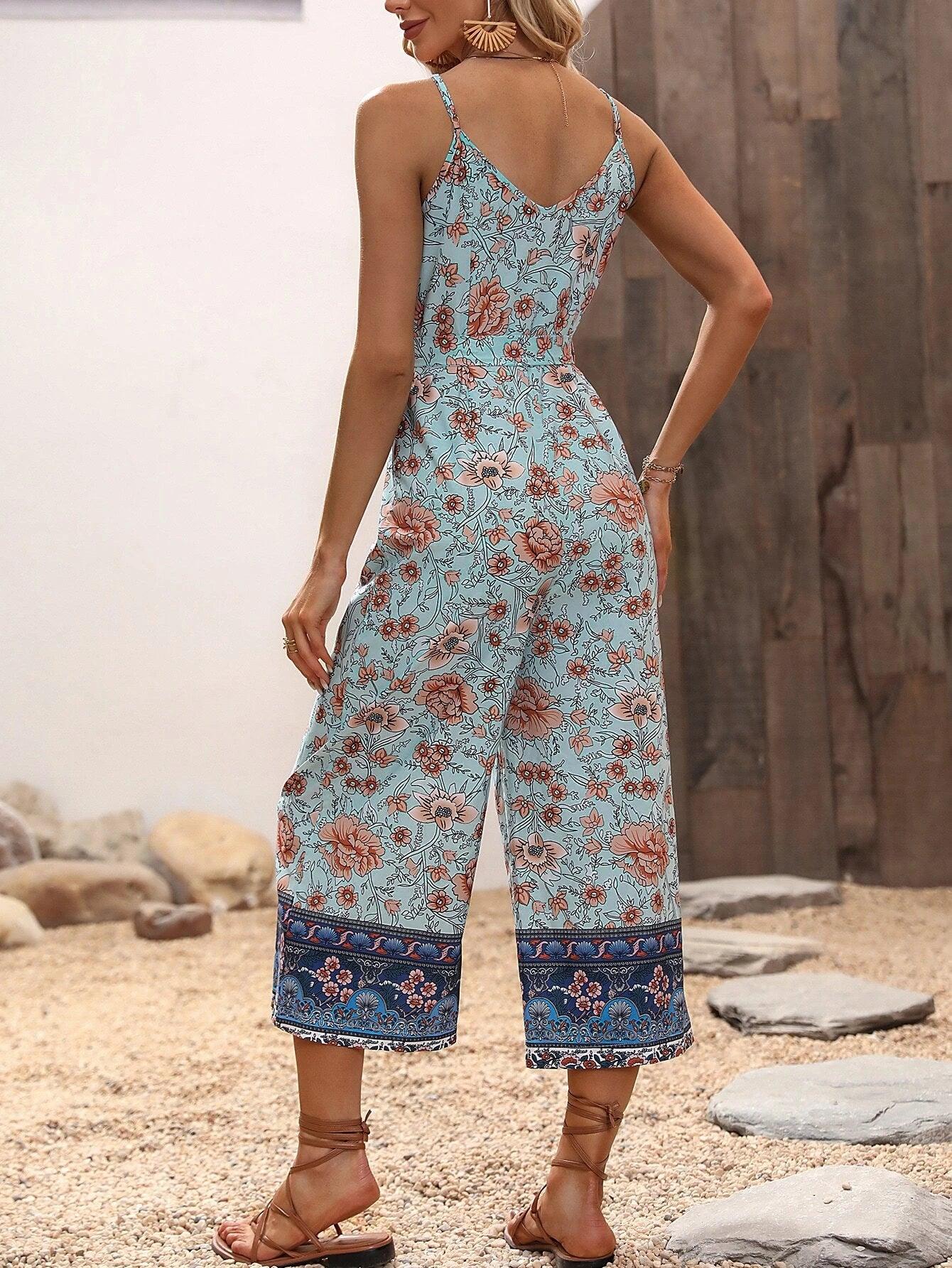 Floral Print Belted Jumpsuit-Comfy Jumpsuits