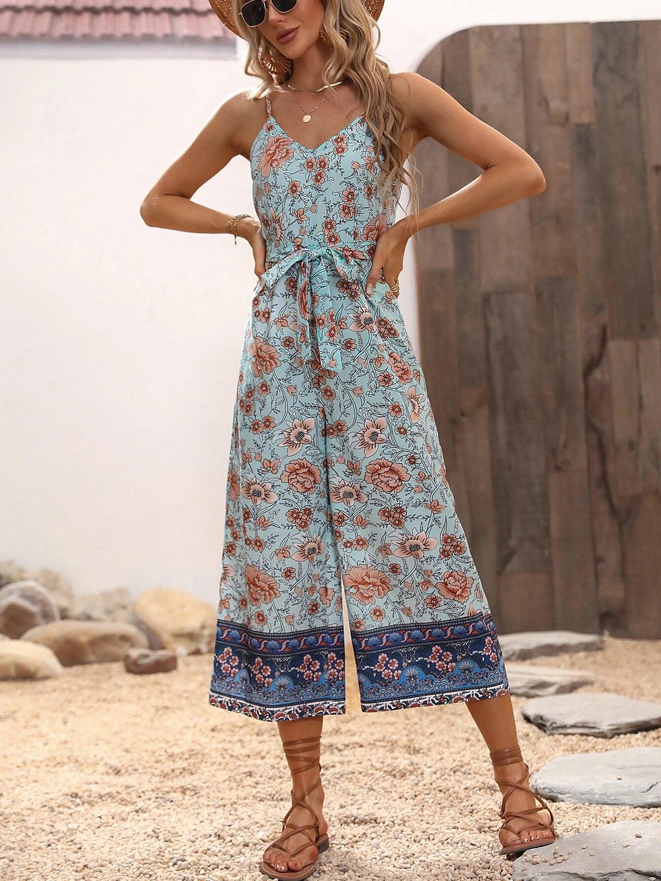 Floral Print Belted Jumpsuit-Comfy Jumpsuits