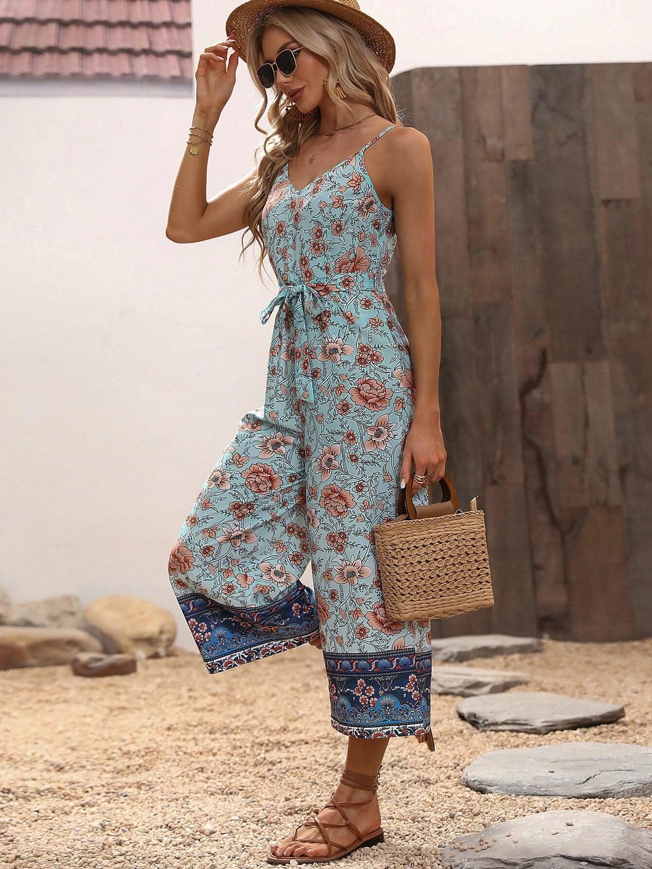 Floral Print Belted Jumpsuit-Comfy Jumpsuits