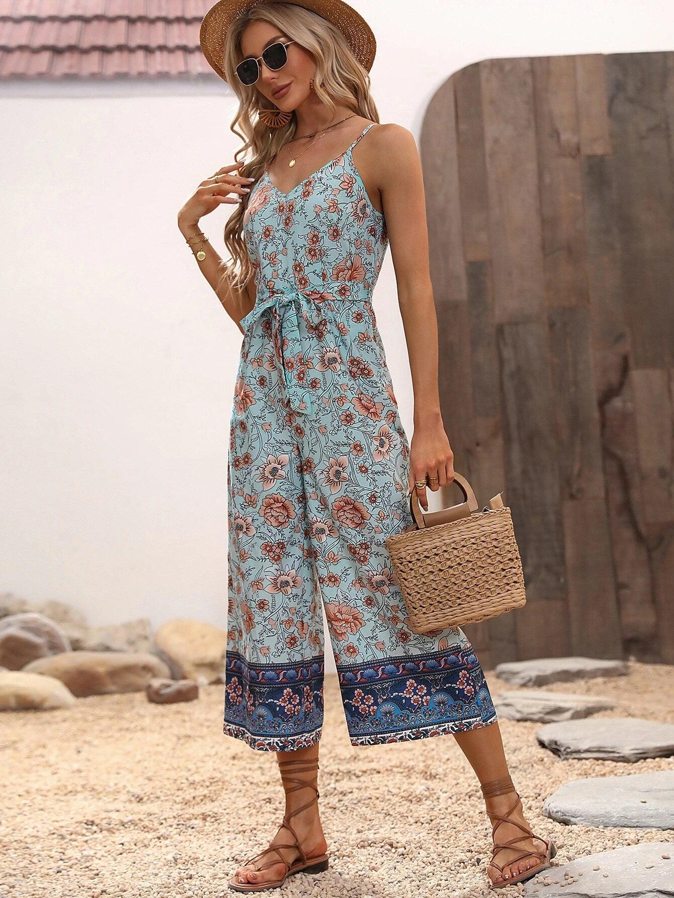 Floral Print Belted Jumpsuit-Comfy Jumpsuits