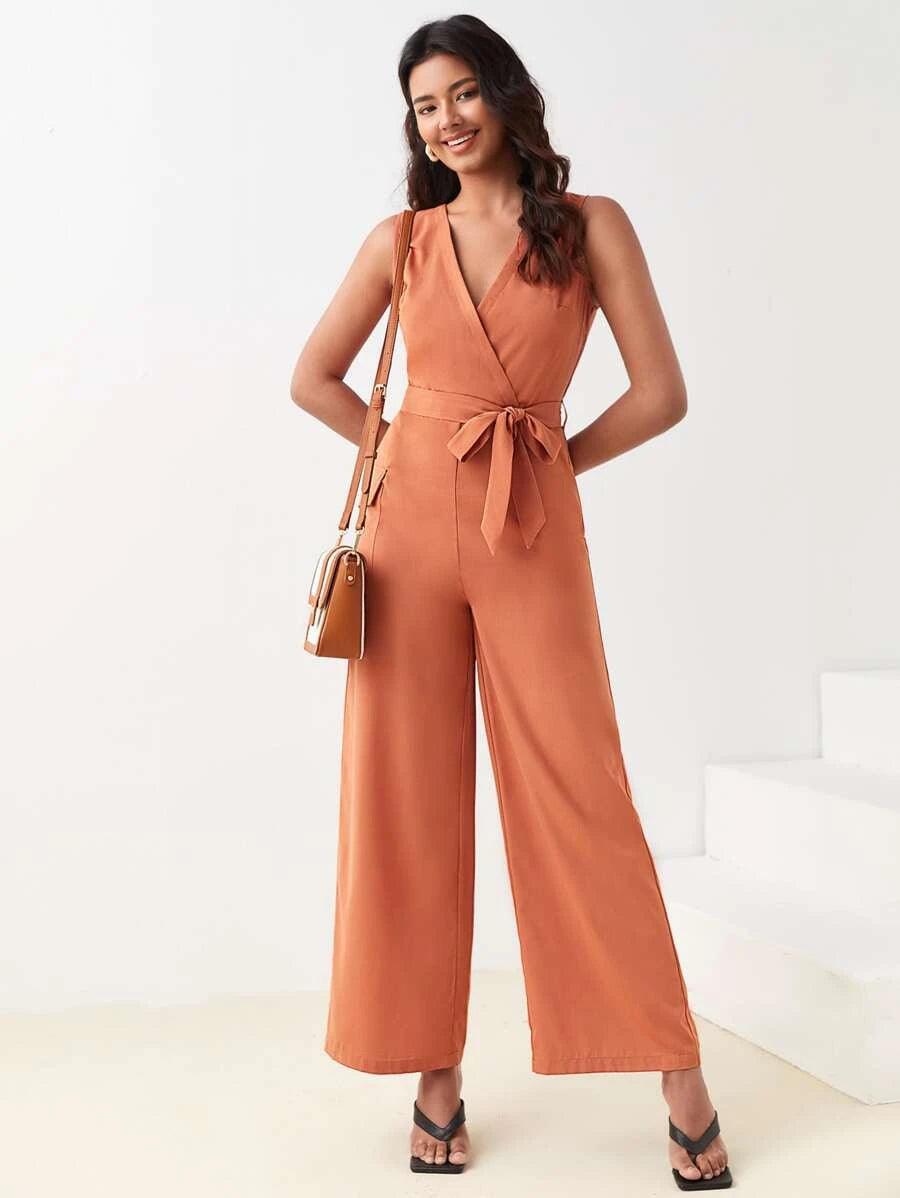 Surplice Neck Belted Wide Leg Jumpsuit-Comfy Jumpsuits