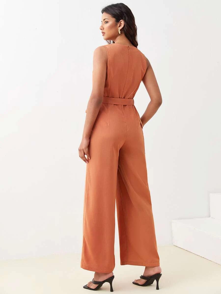 Surplice Neck Belted Wide Leg Jumpsuit-Comfy Jumpsuits
