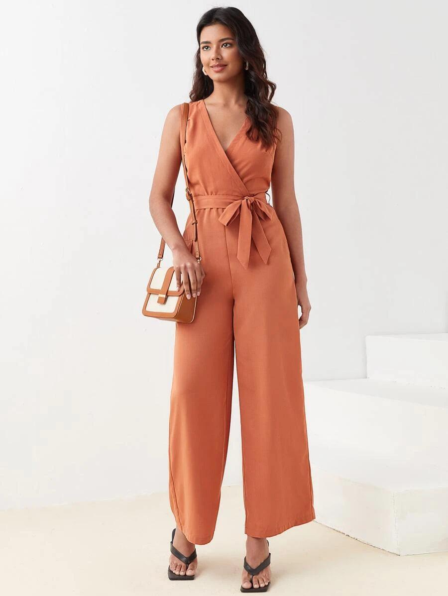 Surplice Neck Belted Wide Leg Jumpsuit-Comfy Jumpsuits
