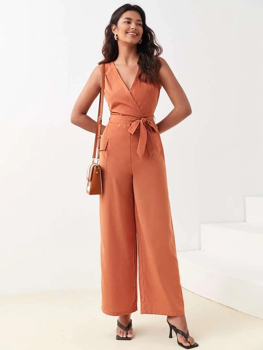 Surplice Neck Belted Wide Leg Jumpsuit-Comfy Jumpsuits