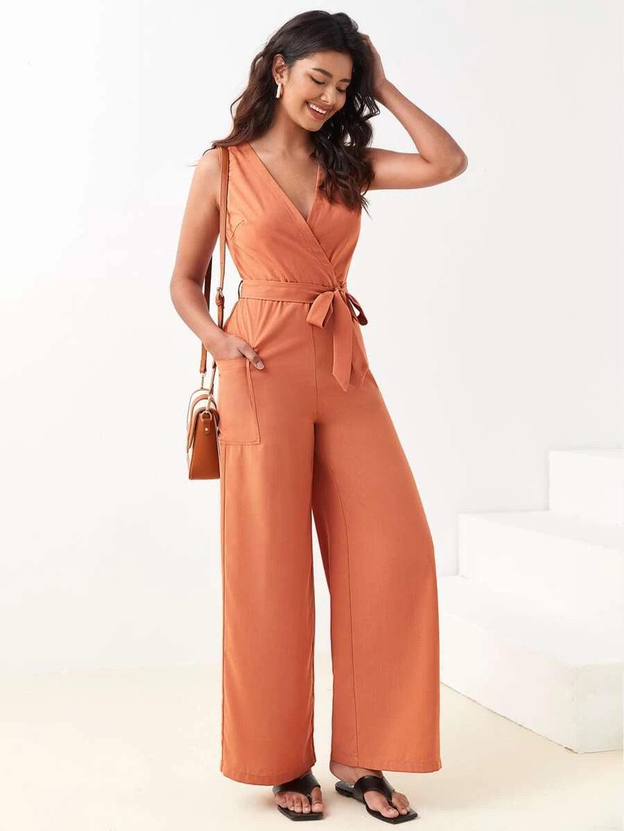 Surplice Neck Belted Wide Leg Jumpsuit-Comfy Jumpsuits