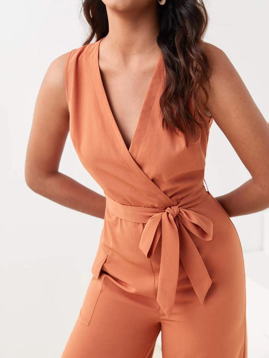 Surplice Neck Belted Wide Leg Jumpsuit-Comfy Jumpsuits