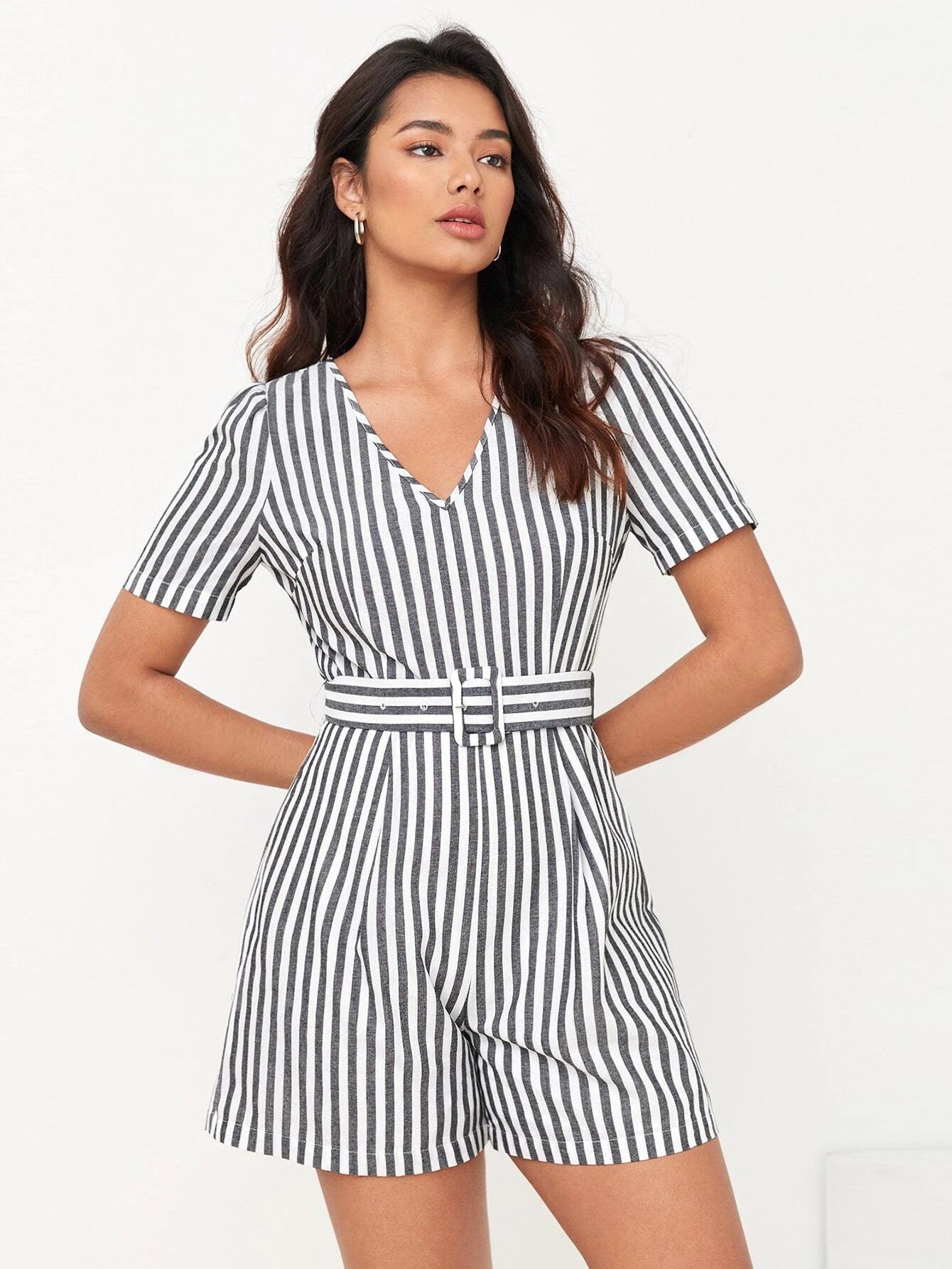 Striped Print Belted Romper-Comfy Jumpsuits