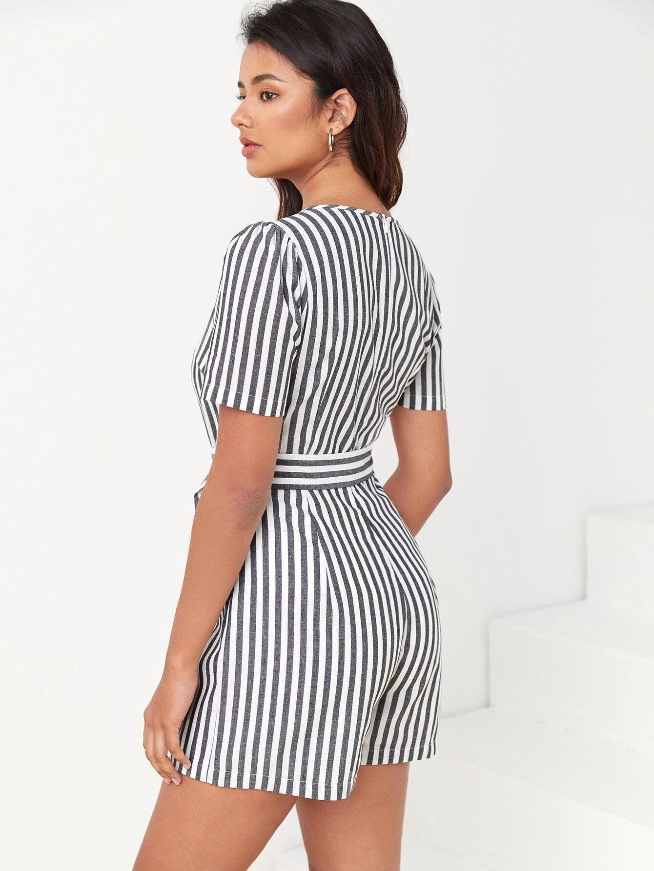 Striped Print Belted Romper-Comfy Jumpsuits