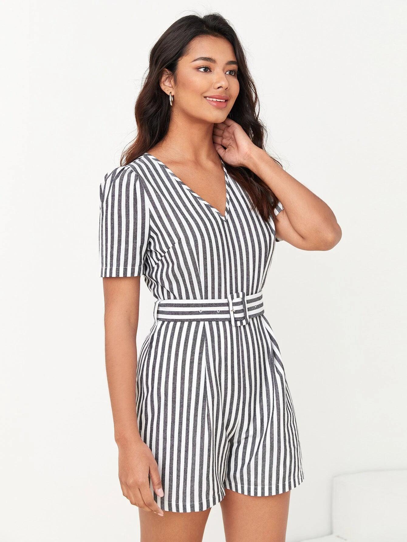 Striped Print Belted Romper-Comfy Jumpsuits