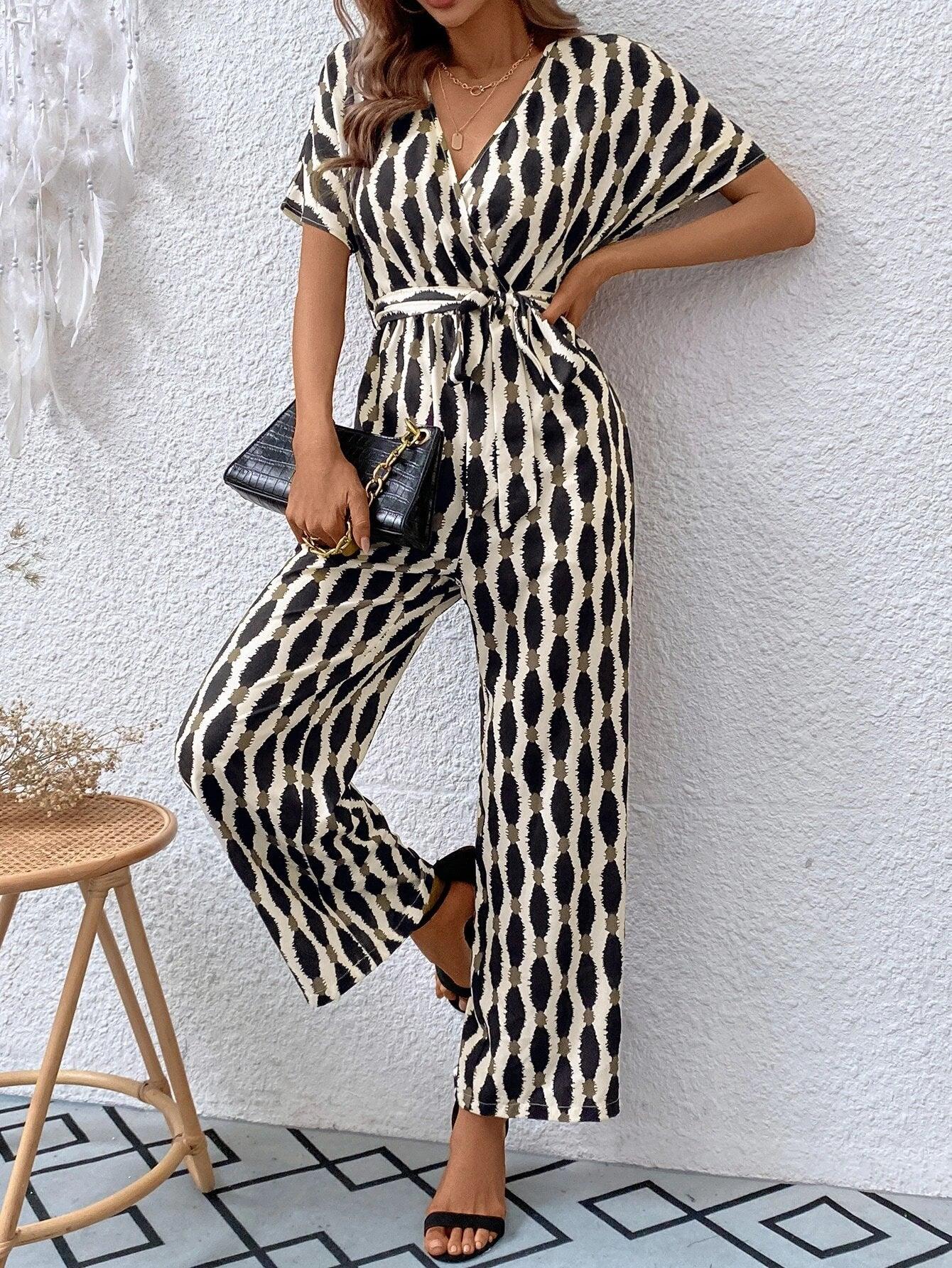 Allover Print Batwing Sleeve Belted Jumpsuit-Comfy Jumpsuits