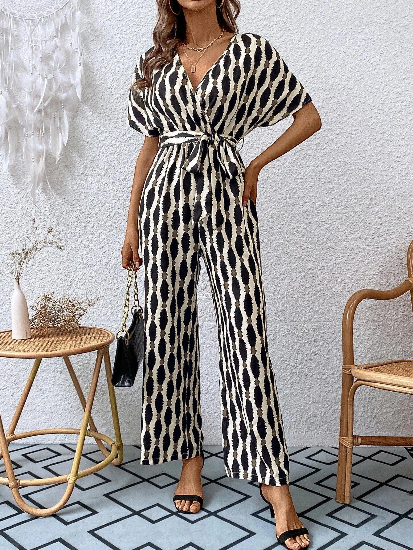 Allover Print Batwing Sleeve Belted Jumpsuit-Comfy Jumpsuits