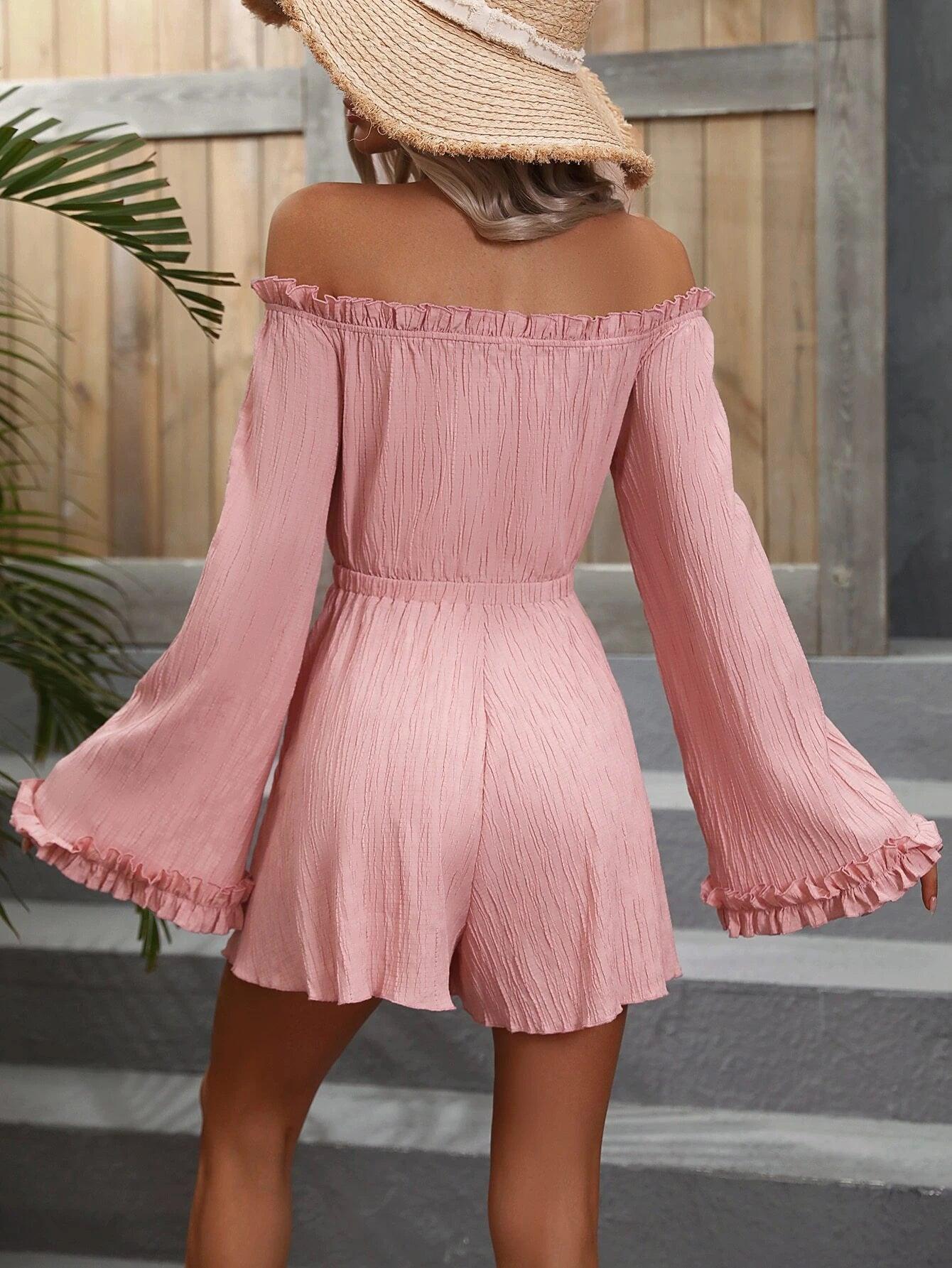 Off Shoulder Frill Trim Flounce Sleeve Romper-Comfy Jumpsuits