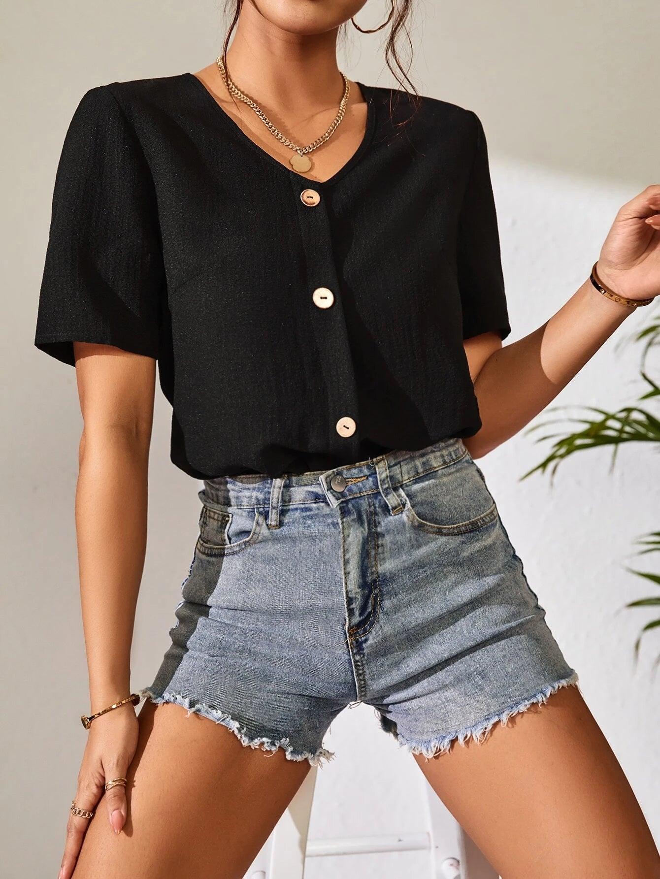 V Neck Button Front Bodysuit-Comfy Jumpsuits