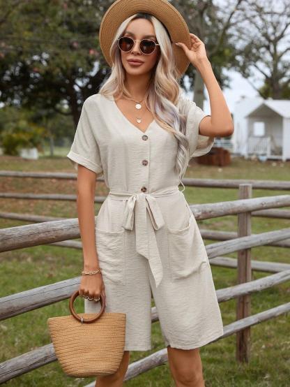 Dual Pocket Belted Romper-Comfy Jumpsuits