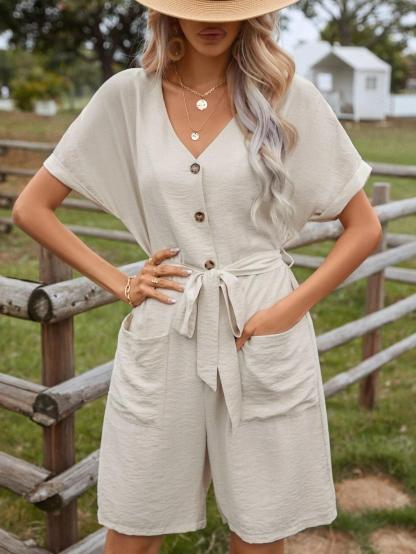 Dual Pocket Belted Romper-Comfy Jumpsuits