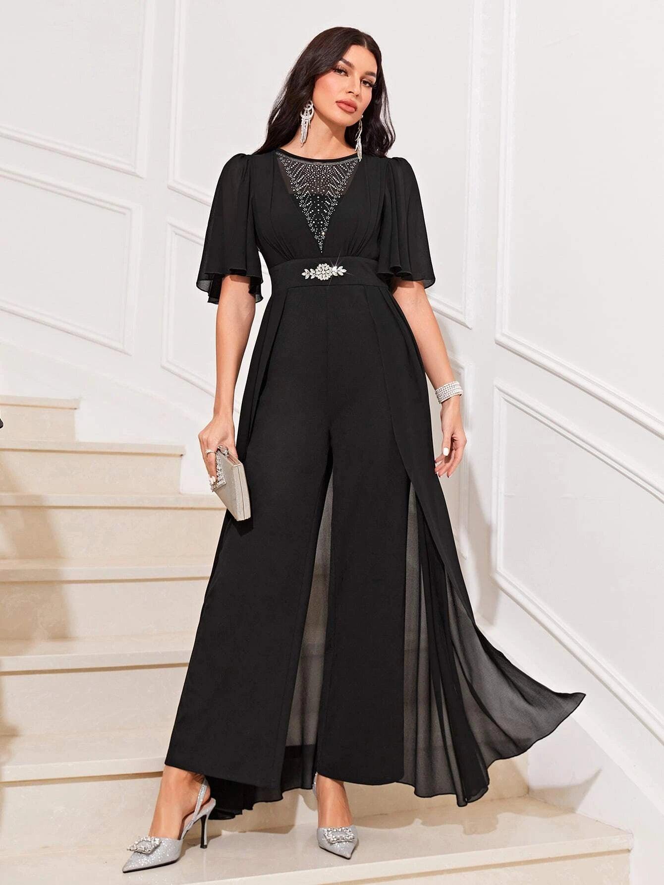 Butterfly Sleeve Wide Leg Jumpsuit With Skirt-Comfy Jumpsuits