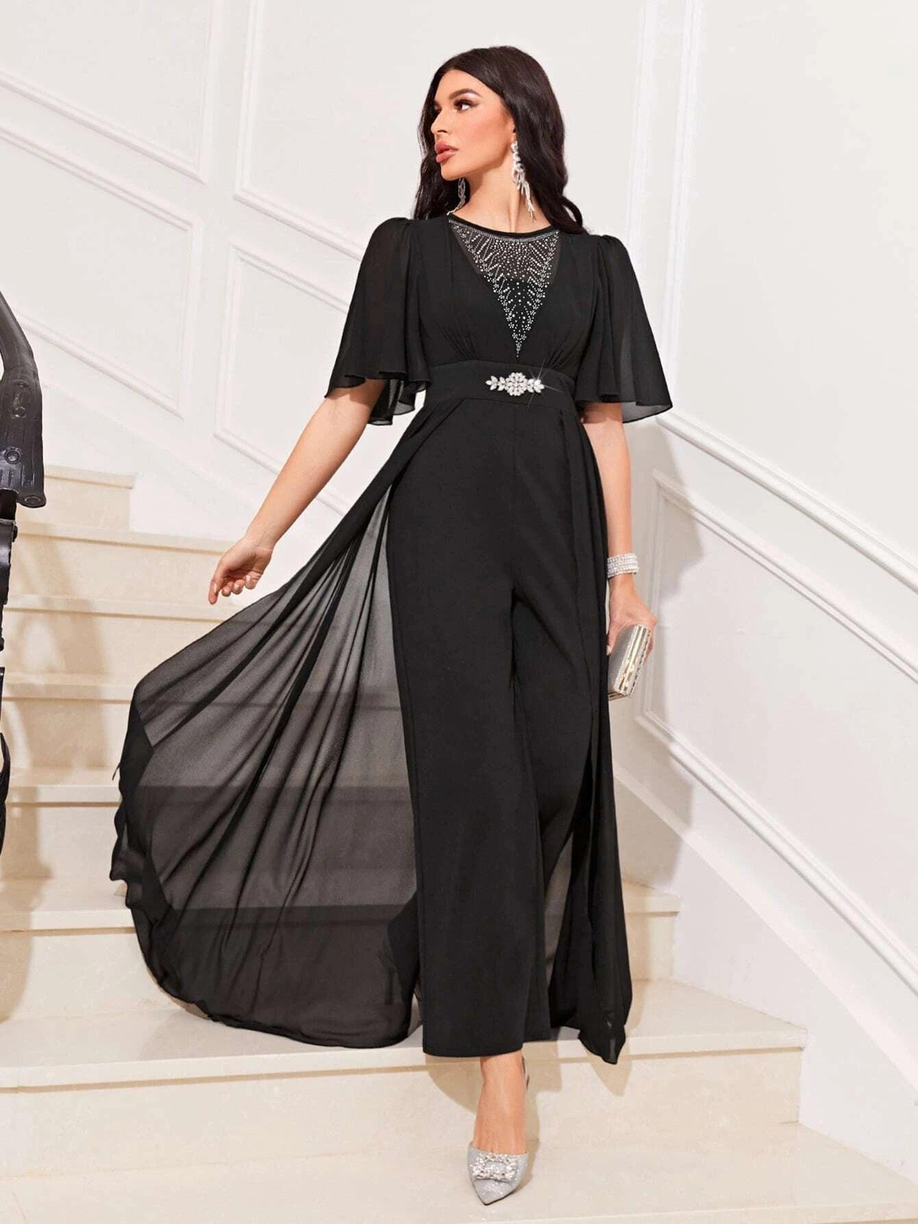 Butterfly Sleeve Wide Leg Jumpsuit With Skirt-Comfy Jumpsuits