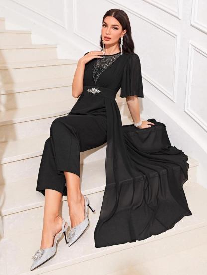 Butterfly Sleeve Wide Leg Jumpsuit With Skirt-Comfy Jumpsuits