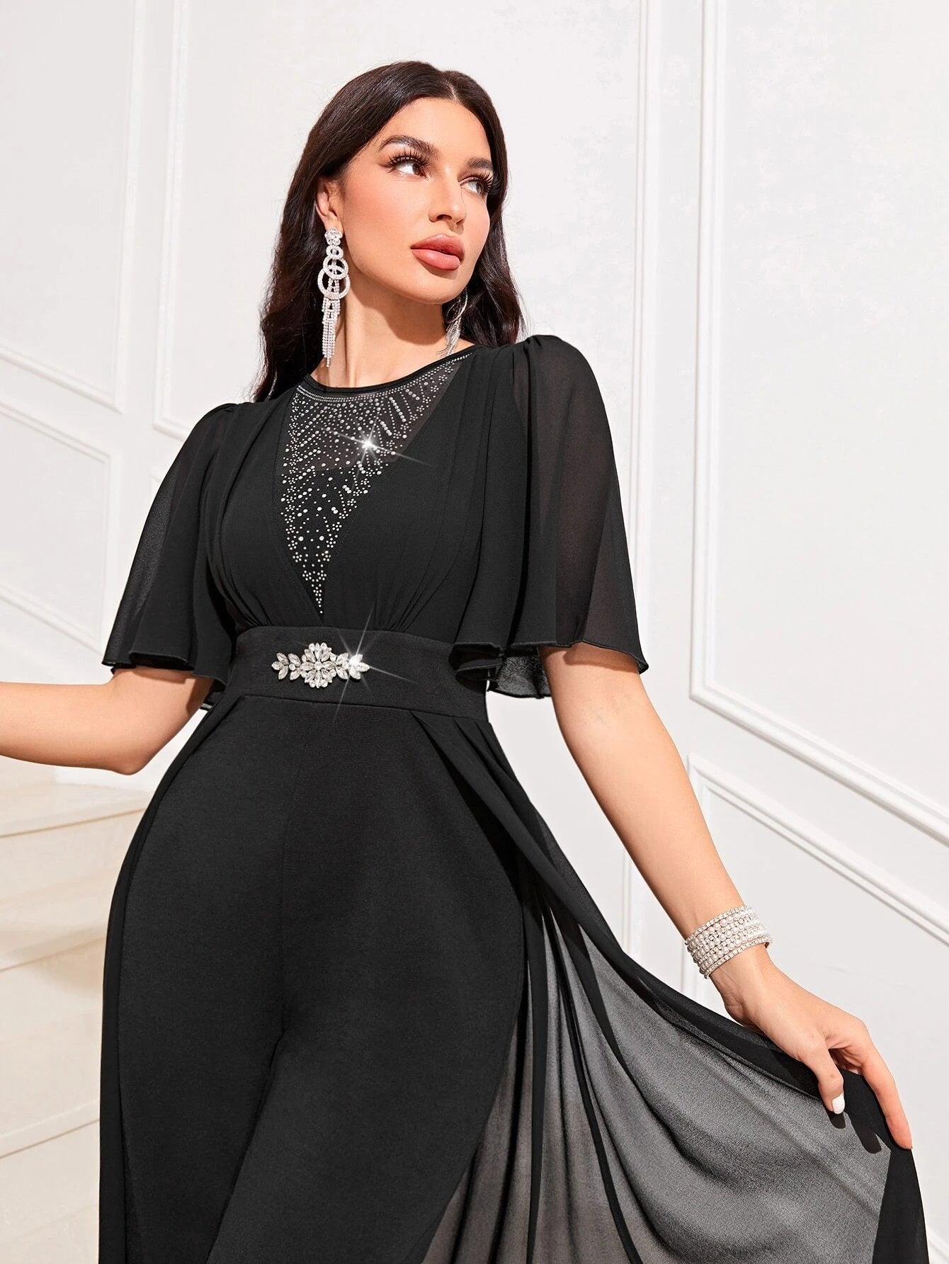 Butterfly Sleeve Wide Leg Jumpsuit With Skirt-Comfy Jumpsuits