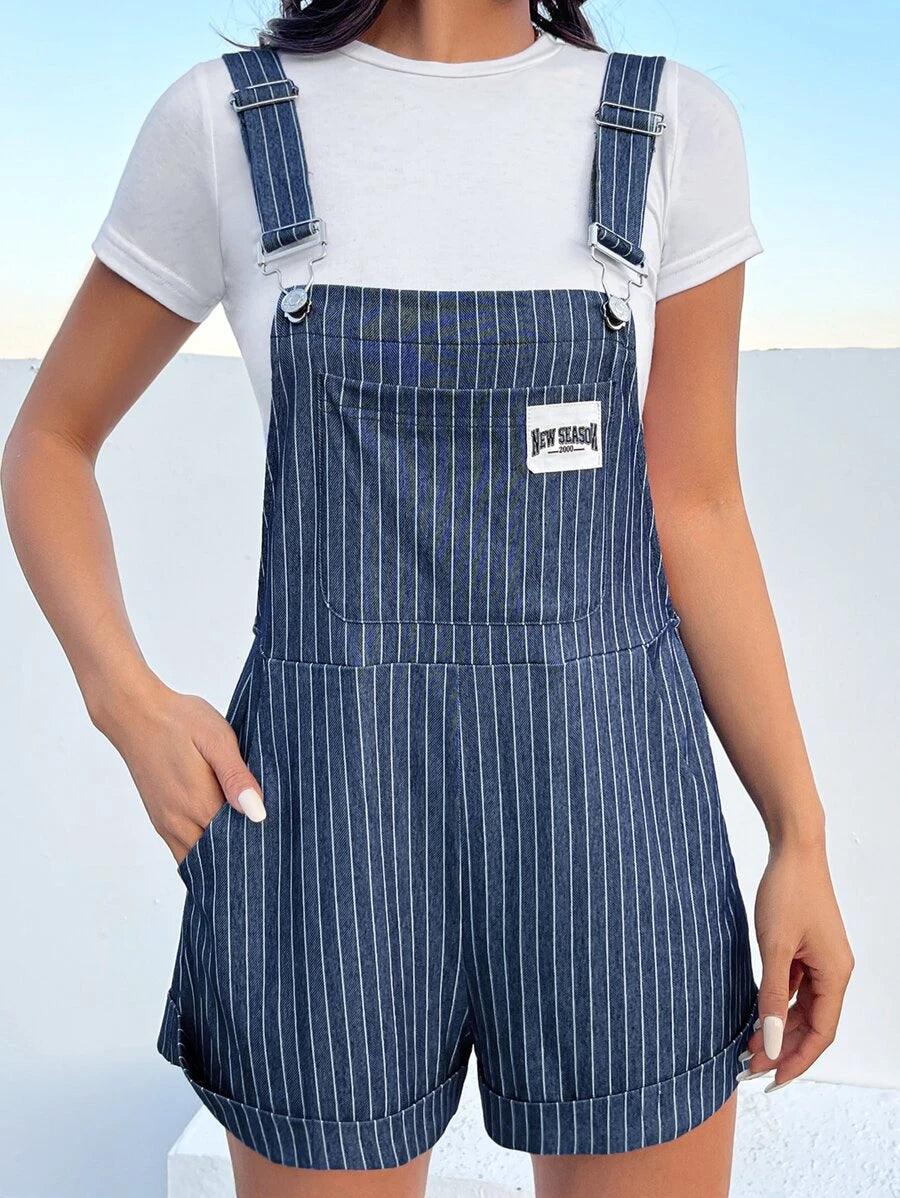 Striped Patch Detail Overall Romper Without Tee-Comfy Jumpsuits