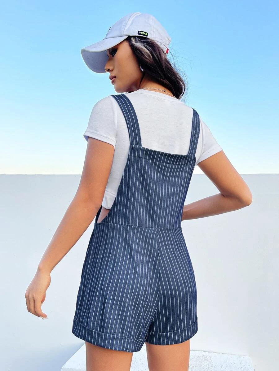 Striped Patch Detail Overall Romper Without Tee-Comfy Jumpsuits