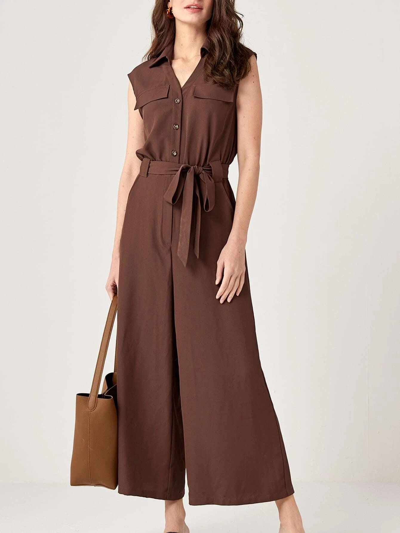 Button Front Belted Wide Leg Jumpsuit-Comfy Jumpsuits