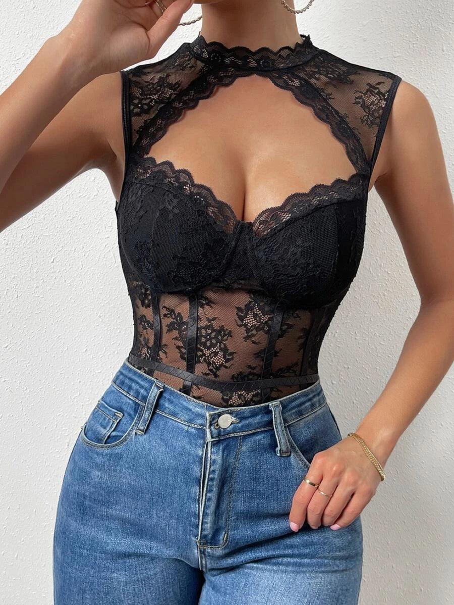Cut Out Lace Bodysuit Without Panty-Comfy Jumpsuits