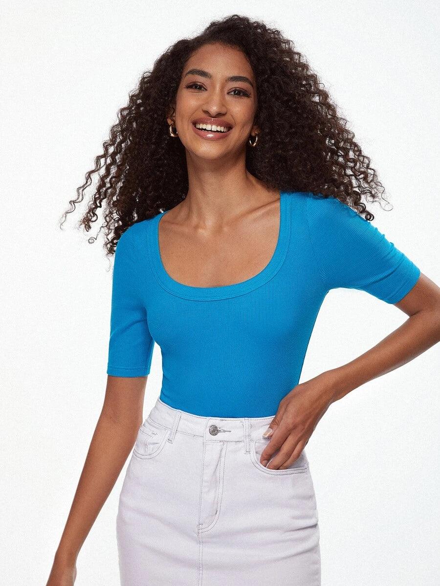 Cotton Solid Scoop Neck Ribbed Knit Bodysuit-Comfy Jumpsuits