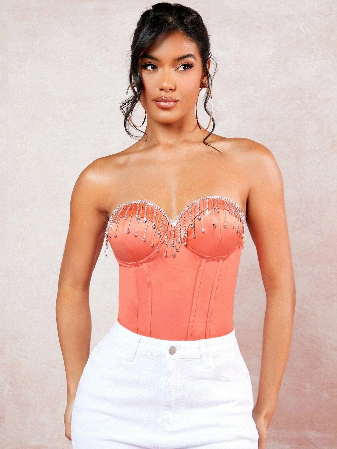 Rhinestone Strapless Bodysuit-Comfy Jumpsuits