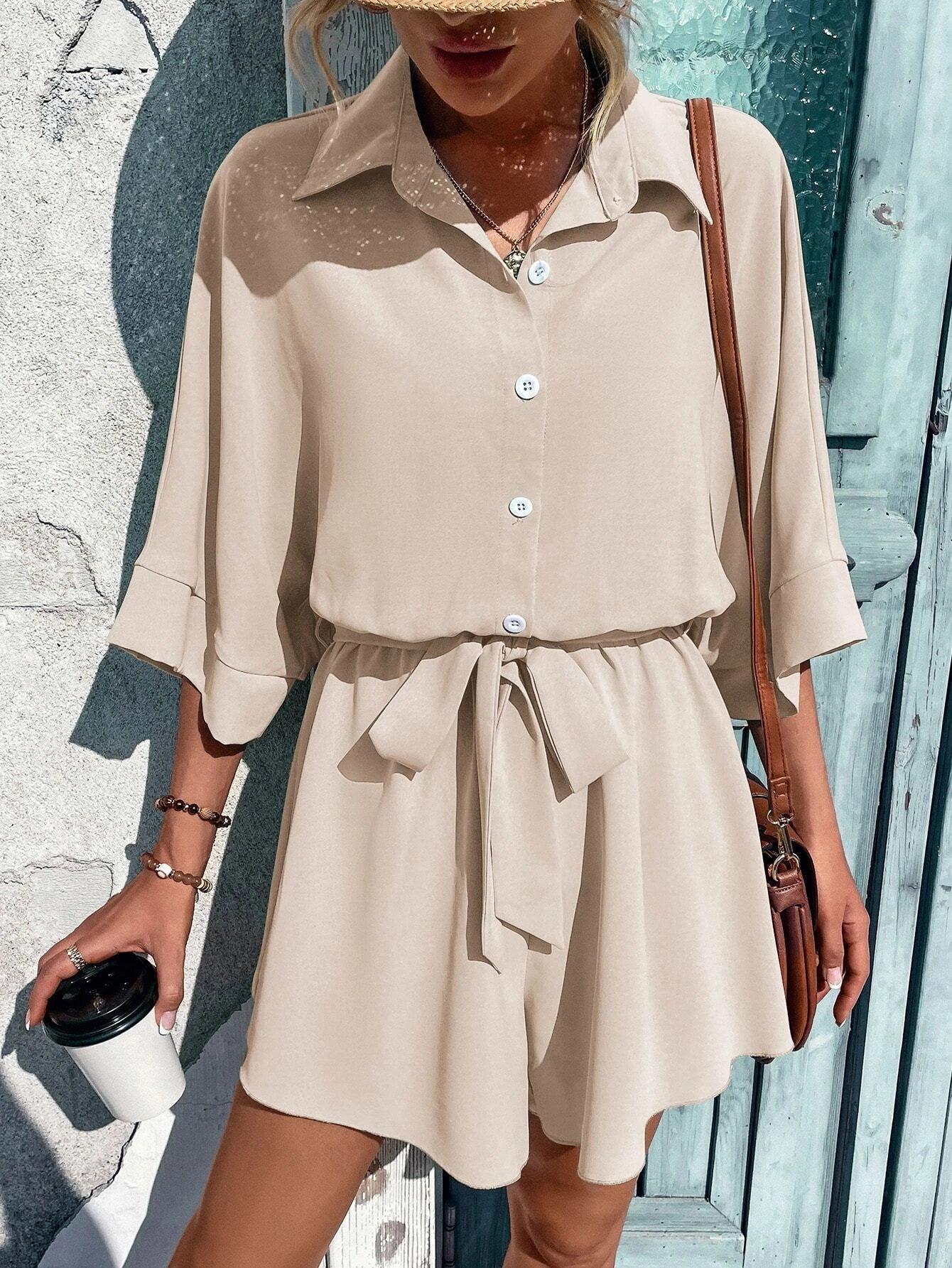 Batwing Sleeve Belted Shirt Romper-Comfy Jumpsuits